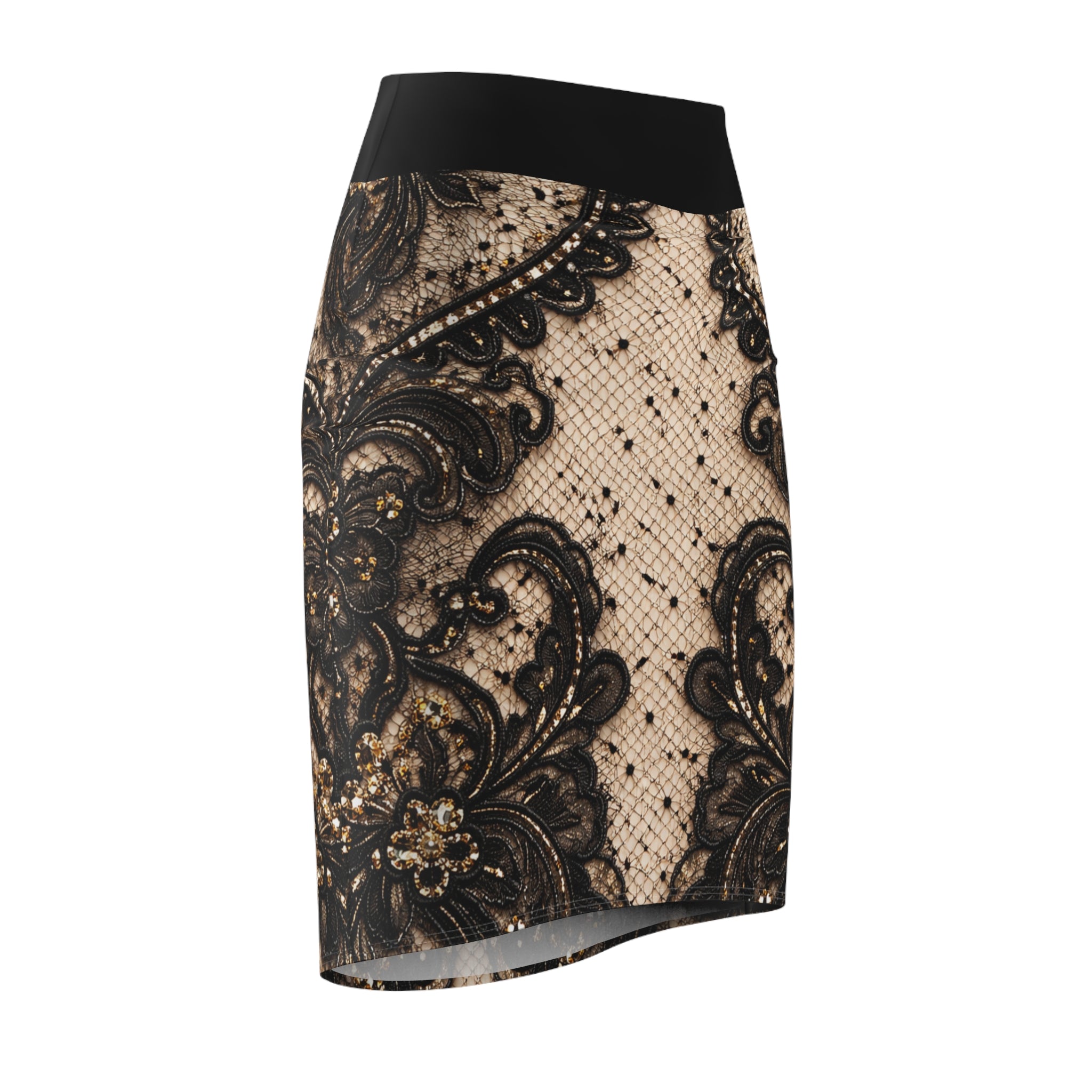 Lace Vintage Pencil Skirt — Black Floral Lace on Nude Sheer Print
