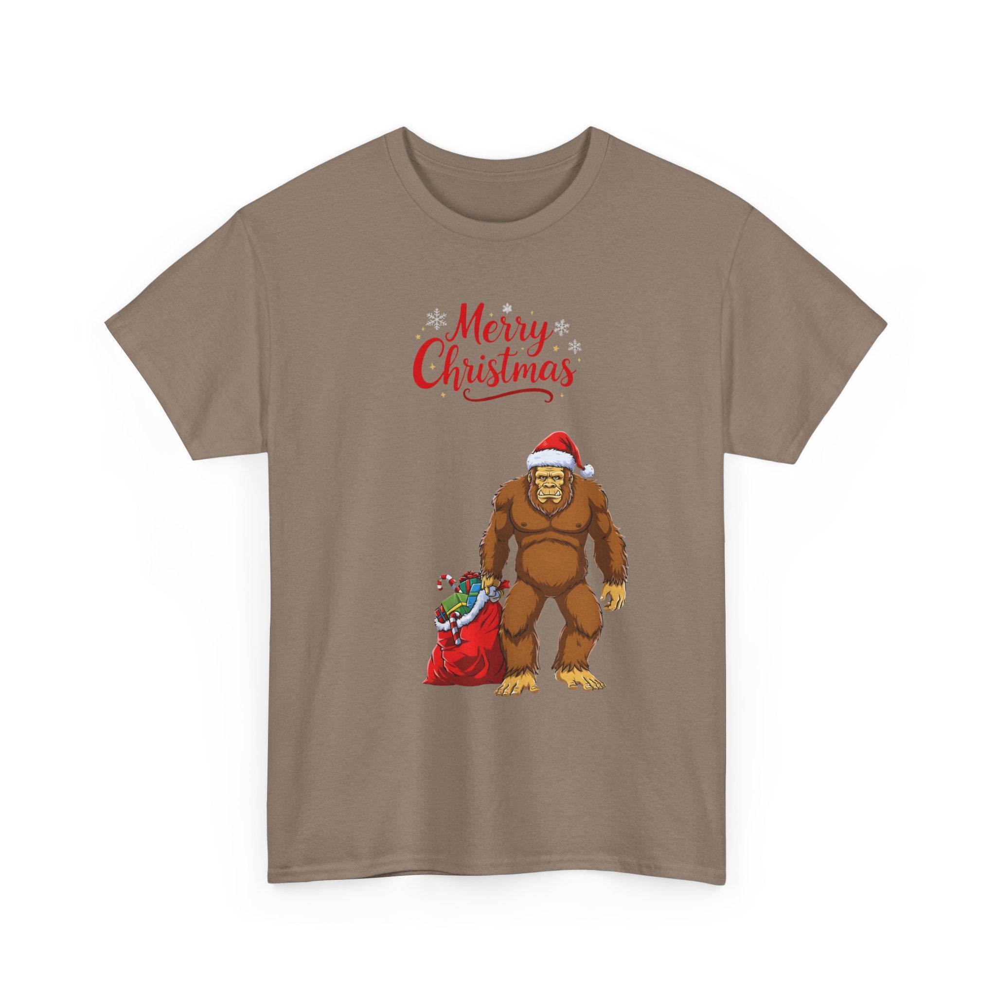 Christmas Sasquatch T-Shirt — "Merry Christmas" Bigfoot with Santa Hat & Gift Sack