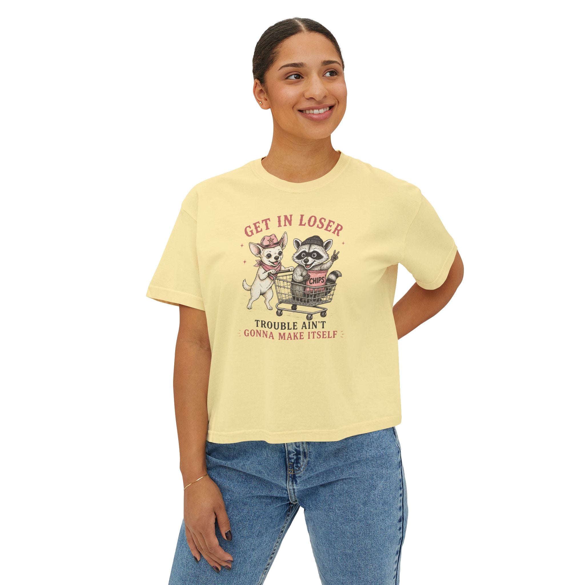 Get in Loser Tee — Cute Raccoon & Coco Dog Graphic Women’s Boxy T‑Shirt, “Trouble Ain’t Gonna Make Itself”