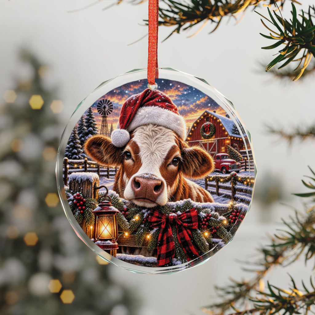 Farmhouse Cow Christmas Glass Ornament Festive Santa Hat Holiday Decor