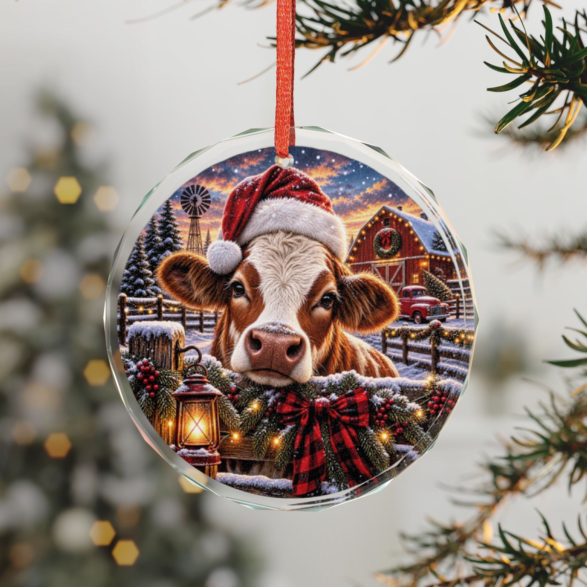 Farmhouse Cow Christmas Glass Ornament Festive Santa Hat Holiday Decor