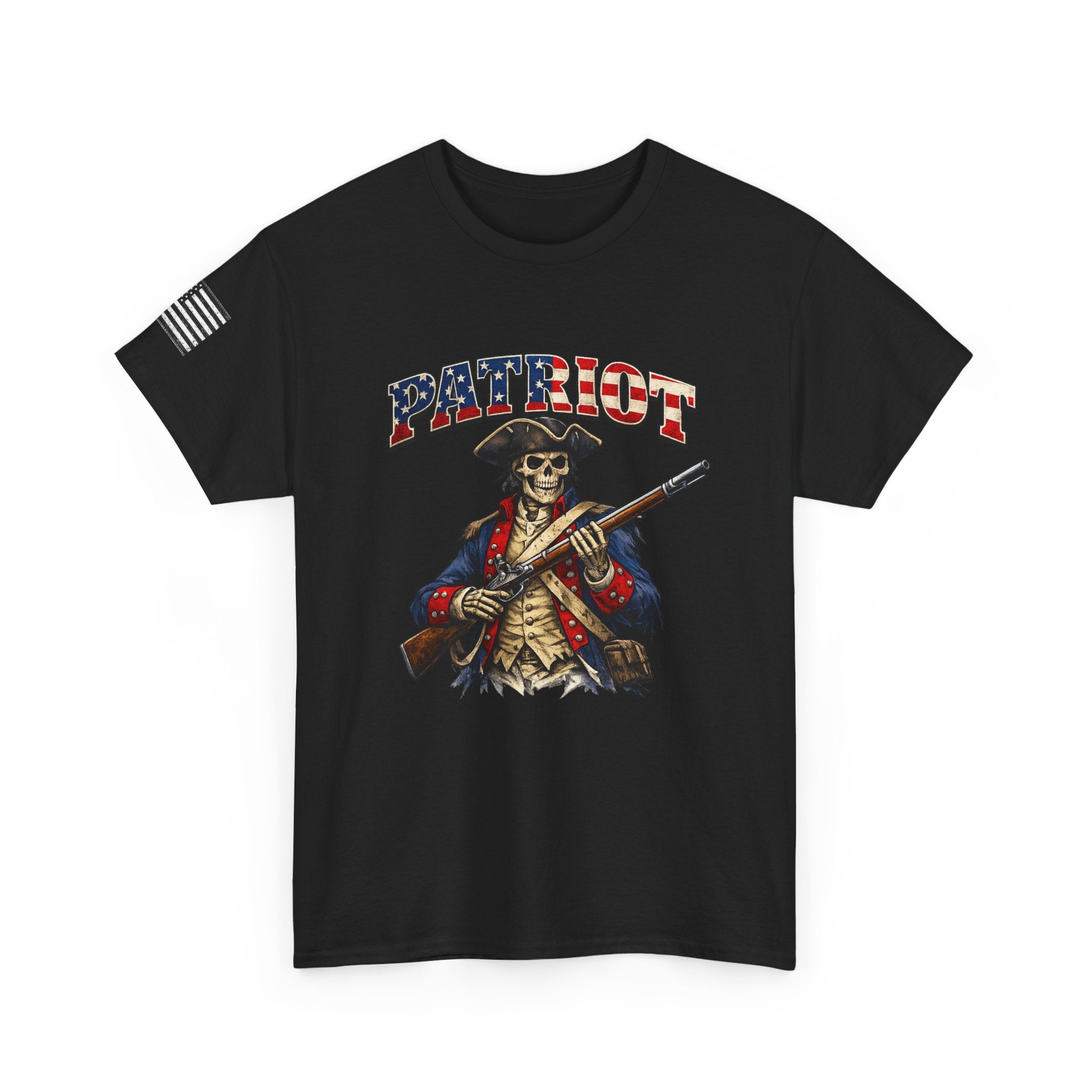 Patriot Skeleton Rifle T‑Shirt — American Flag Military Skull Tee