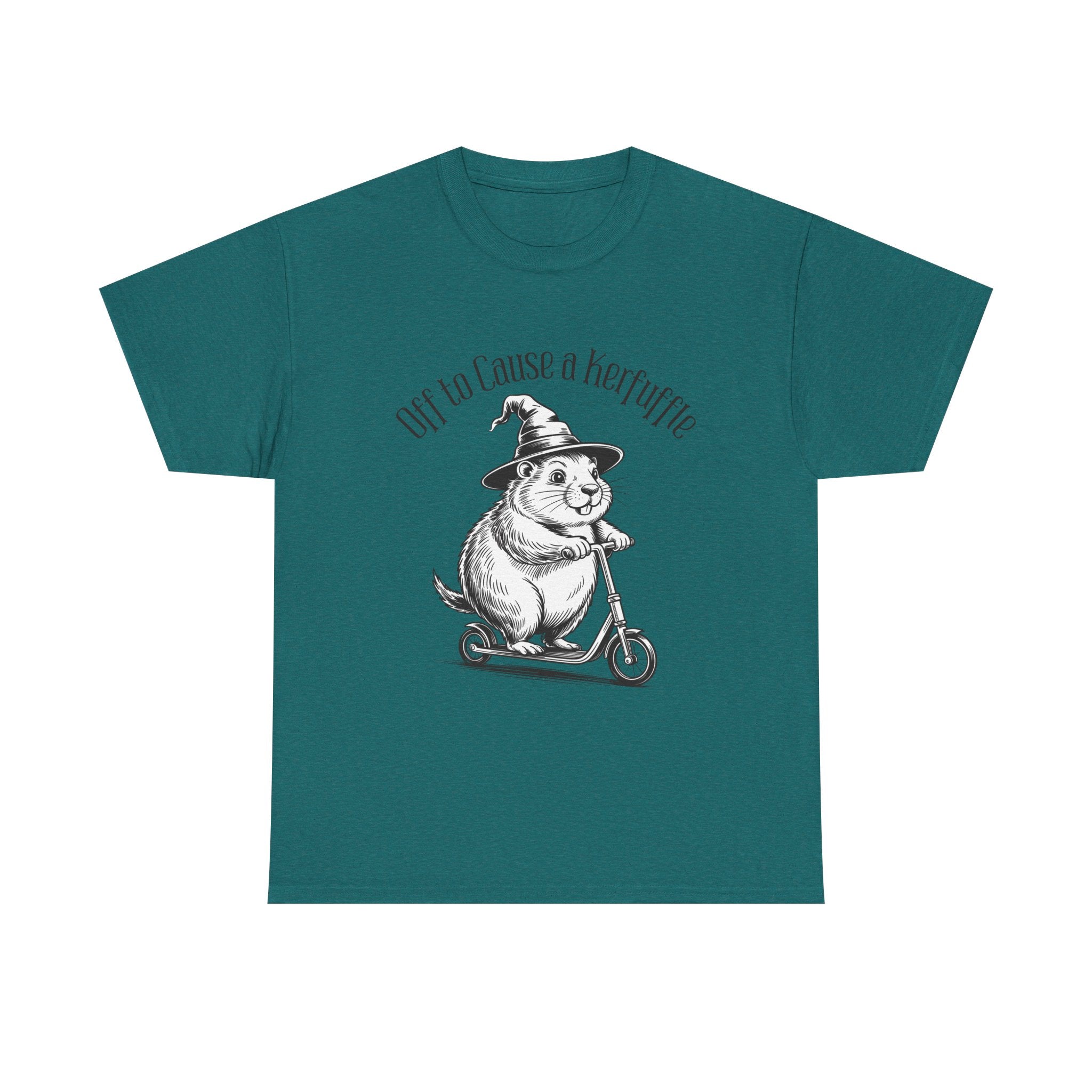 Groundhog Witch Scooter Tee — "Off to Cause a Kerfuffle" Graphic Shirt