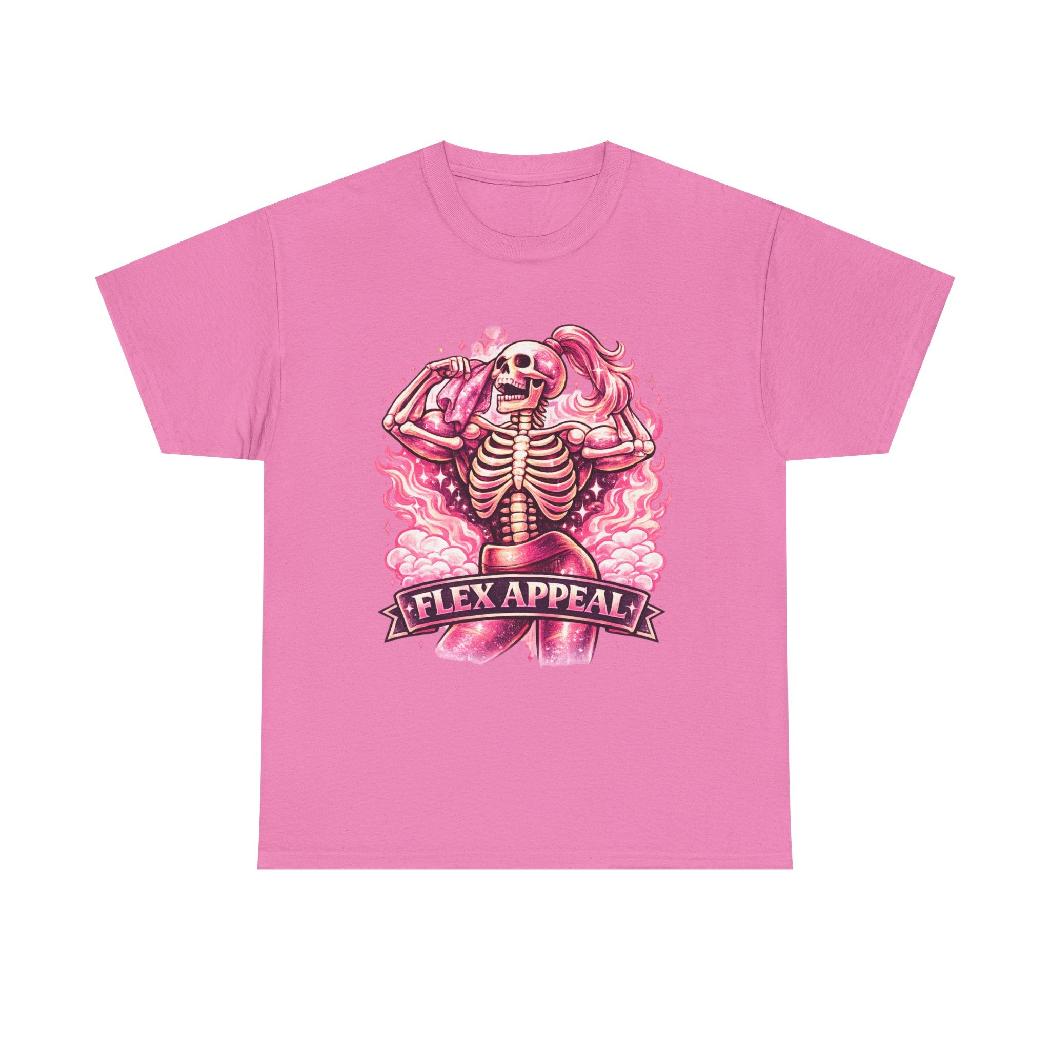 Flex Appeal Skeleton Tee — Pink Retro Gym Humor T‑Shirt