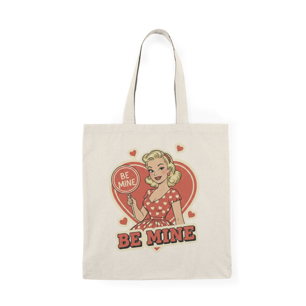 Valentine Retro Pin-Up Tote Bag Be Mine" Heart Graphic Cotton Shopper
