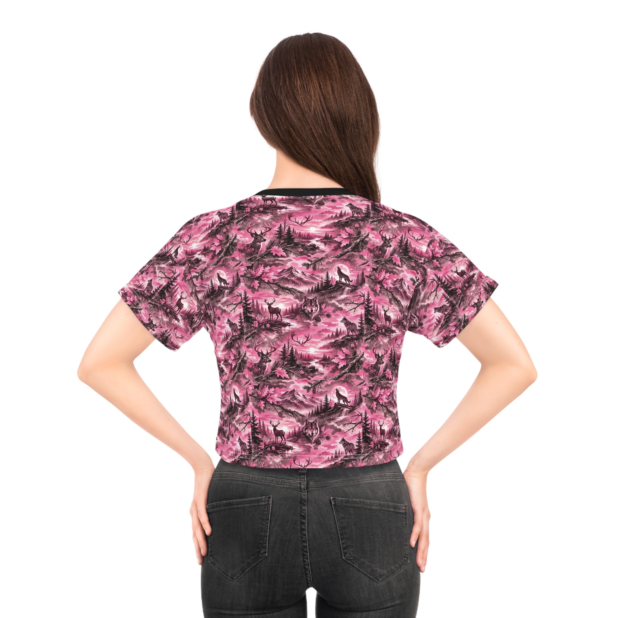 Pink Mountain Landscape Crop Tee — Vintage Wilderness All-Over Print