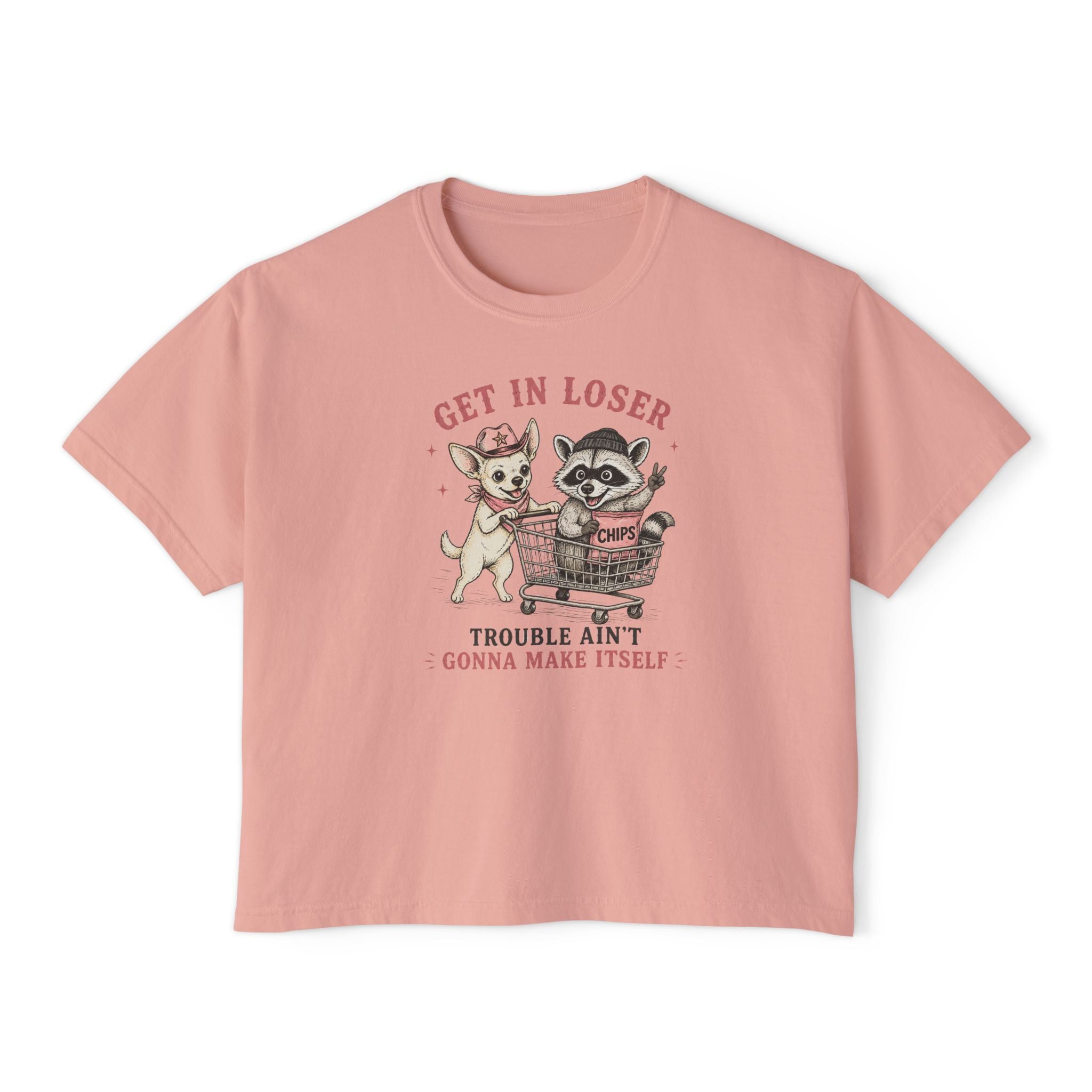 Get in Loser Tee — Cute Raccoon & Coco Dog Graphic Women’s Boxy T‑Shirt, “Trouble Ain’t Gonna Make Itself”