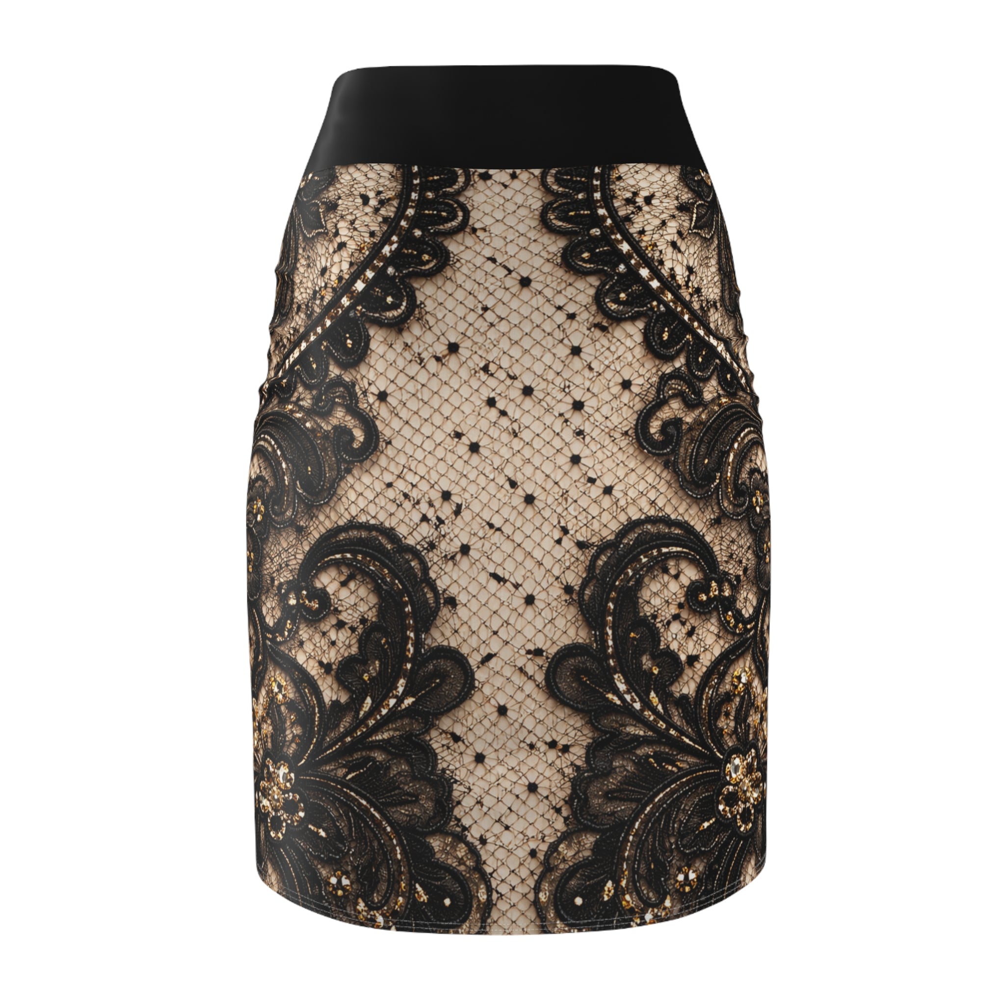 Lace Vintage Pencil Skirt — Black Floral Lace on Nude Sheer Print