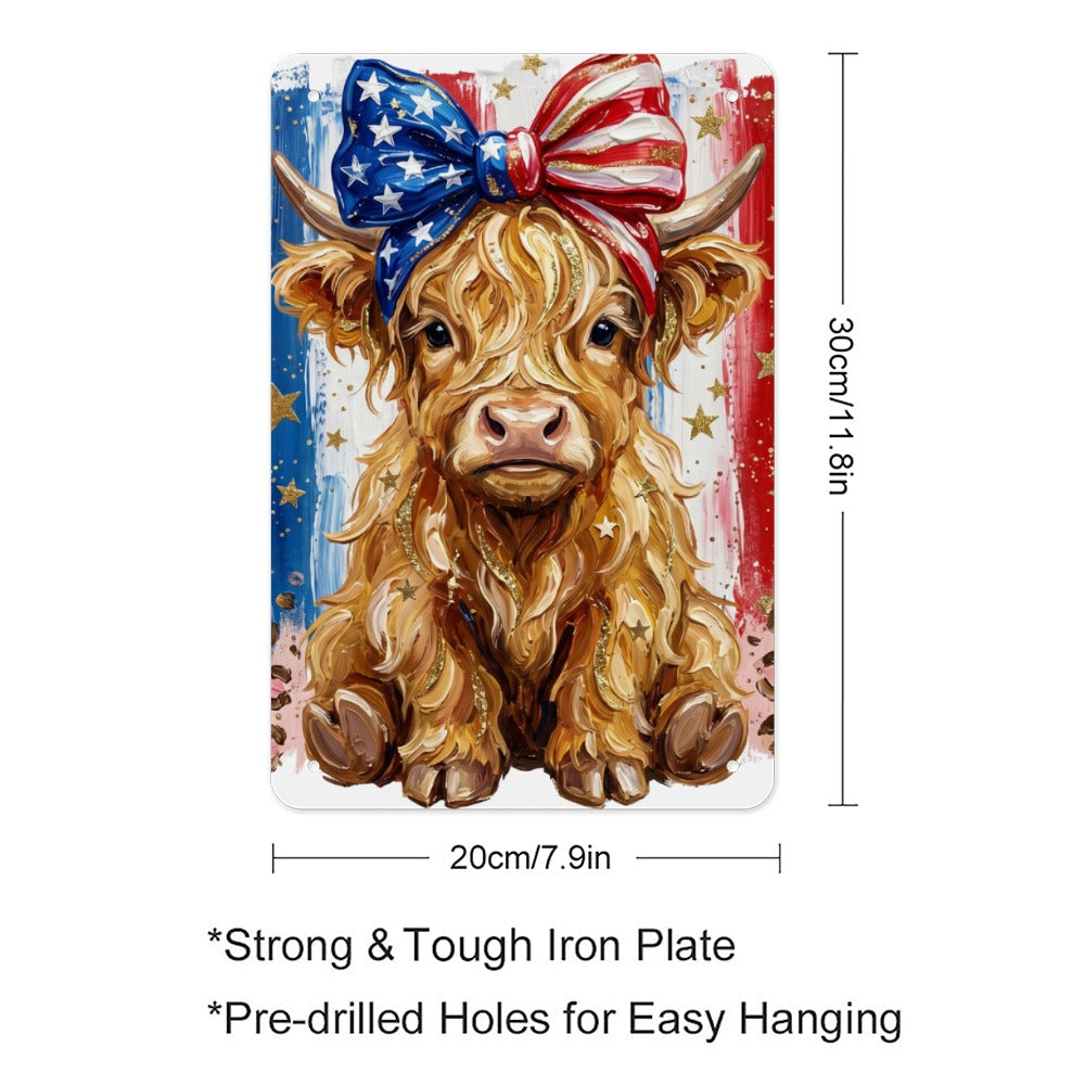 Patriotic Highland Cow Tin Sign Custom Iron Wall Art Made  in USA