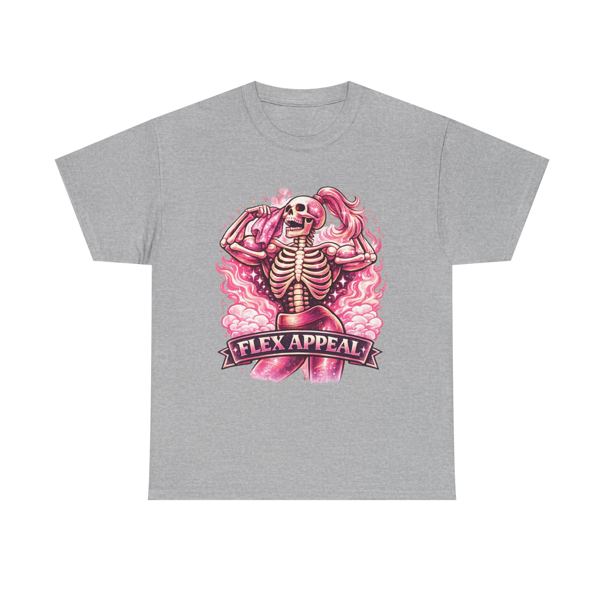 Flex Appeal Skeleton Tee — Pink Retro Gym Humor T‑Shirt