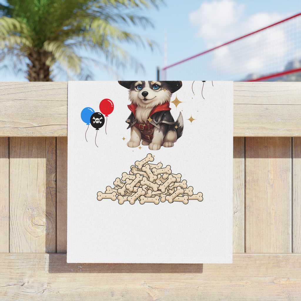 Born to Plunder Pirate Puppy Beach Towel — Cute Husky Pirate with Bones & Balloons