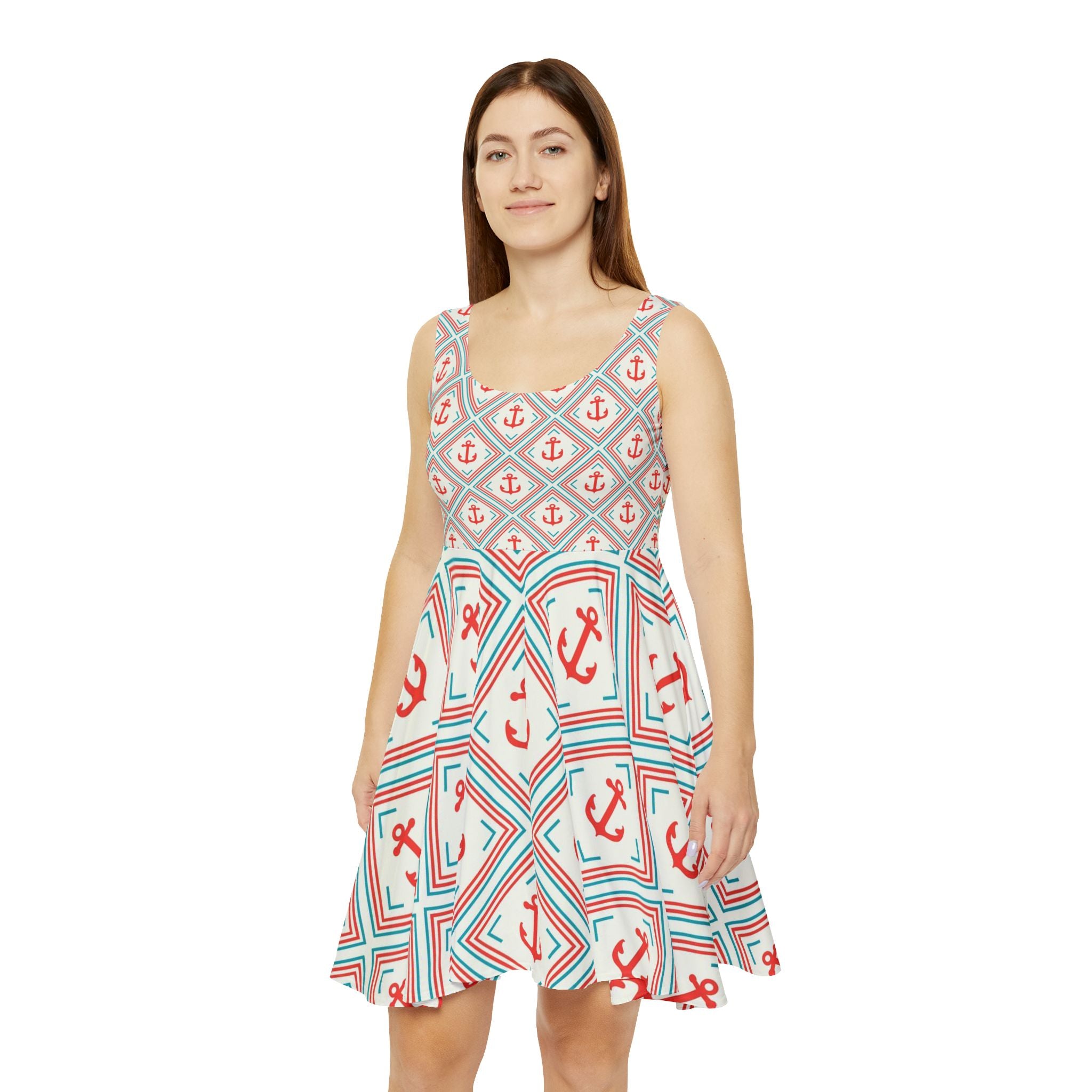 Anchor Print  Dress — Nautical Red & Teal Pattern