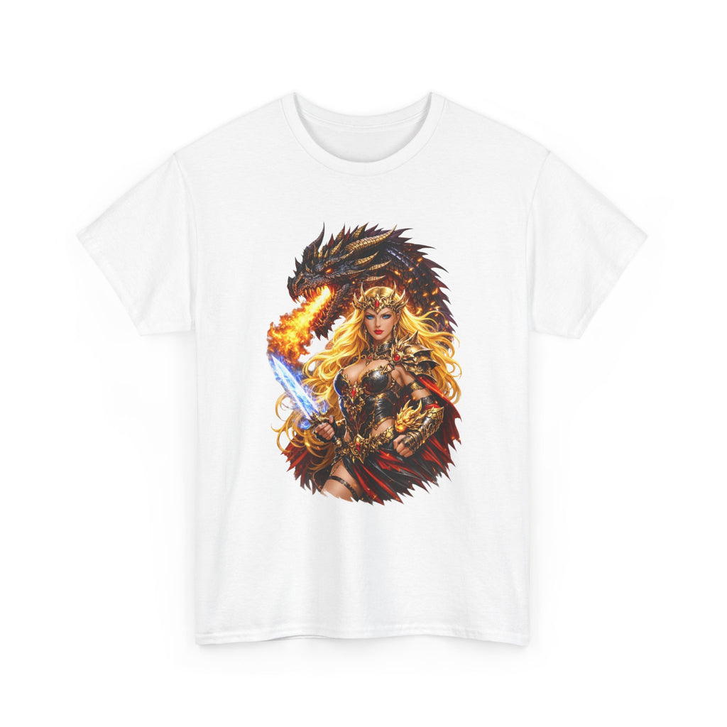 Fantasy Warrior  Fire born Goddess T-Shirt — Dragon & Sword Valkyrie Graphic Tee