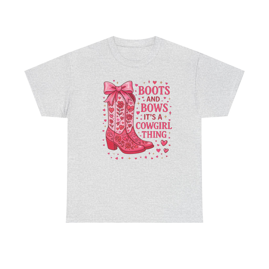 Cowgirl Boots and Bows T‑Shirt — "Boots and Bows, It's a Cowgirl Thing" Pink Western Tee  Trendy Farm