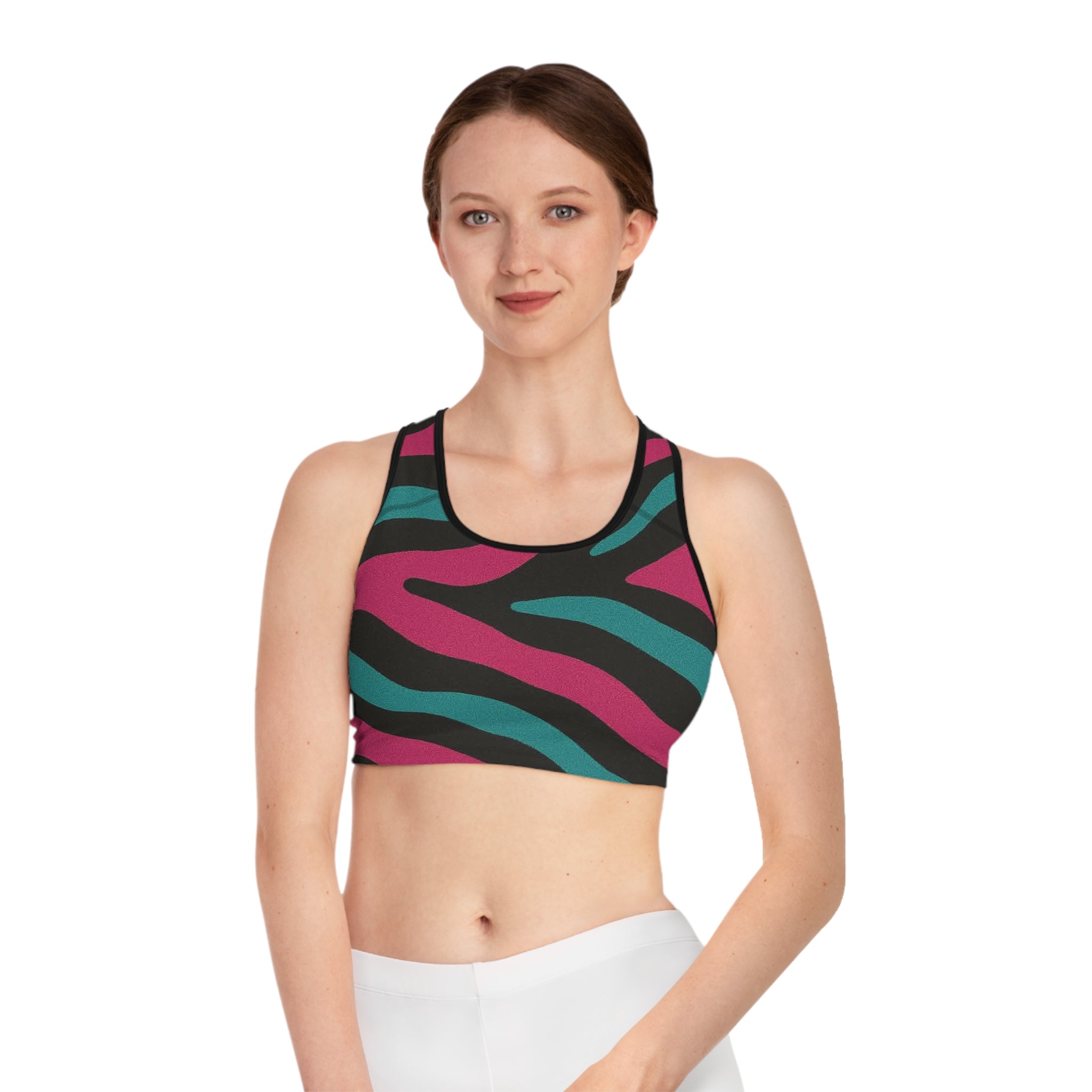 Bold Teal & Magenta Zebra Print Sports Bra – All-Over Print Workout Crop