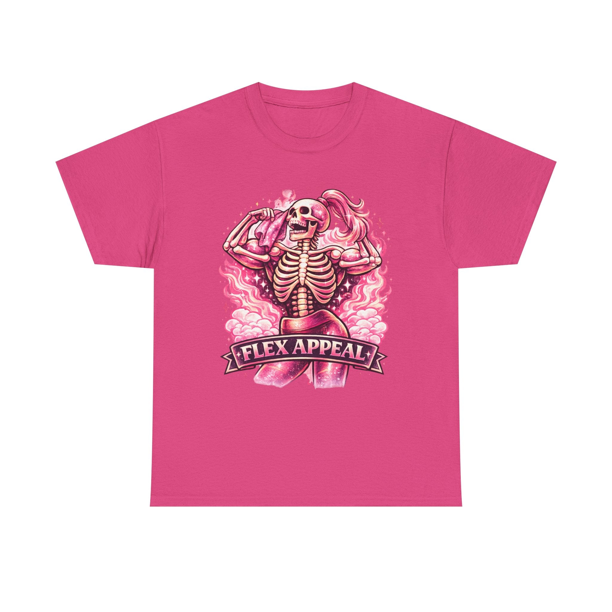 Flex Appeal Skeleton Tee — Pink Retro Gym Humor T‑Shirt
