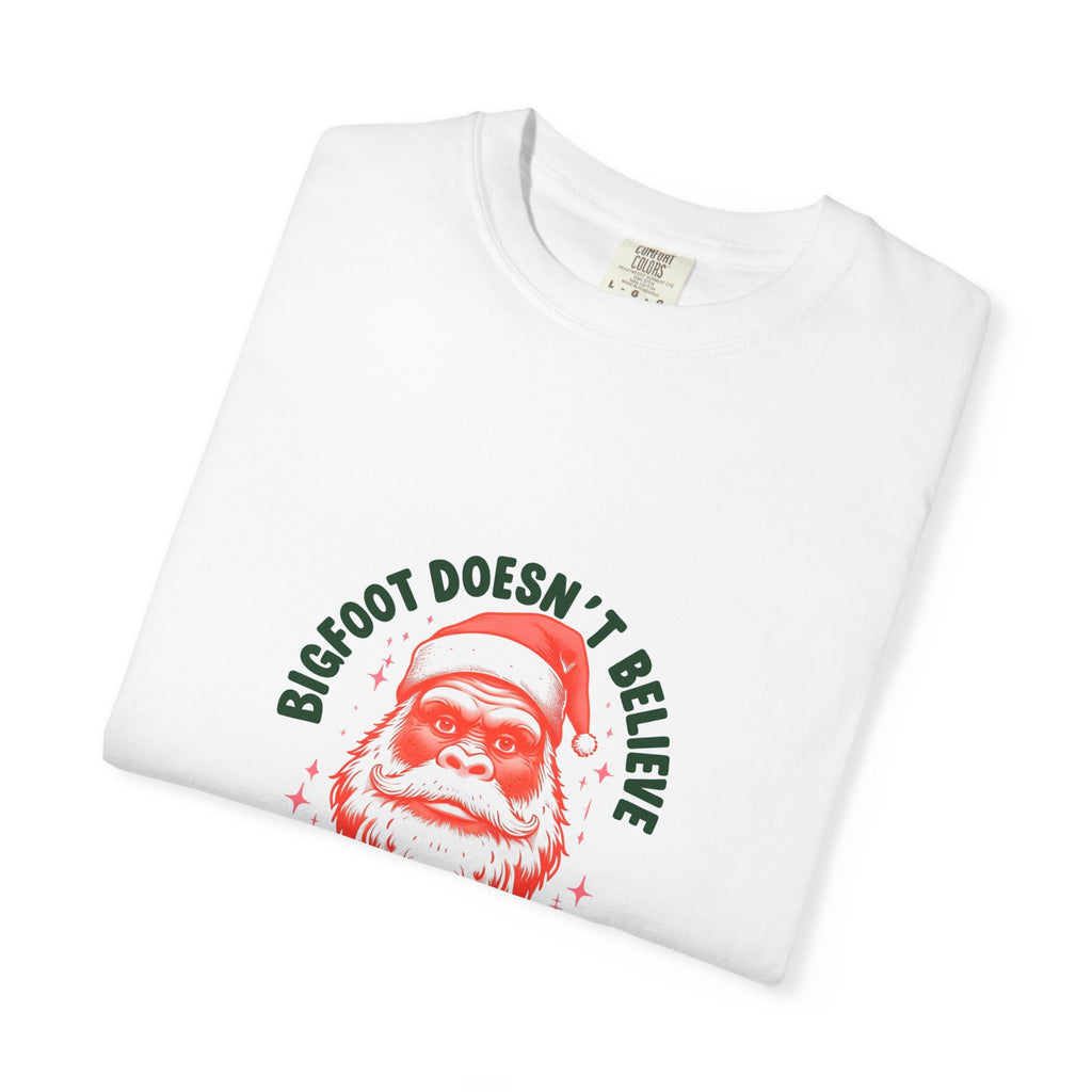 Bigfoot Holiday Humor T-shirt | Unisex Garment-Dyed Tee | Funny Christmas, Lovers, Quirky Apparel, Santa Sasquatch