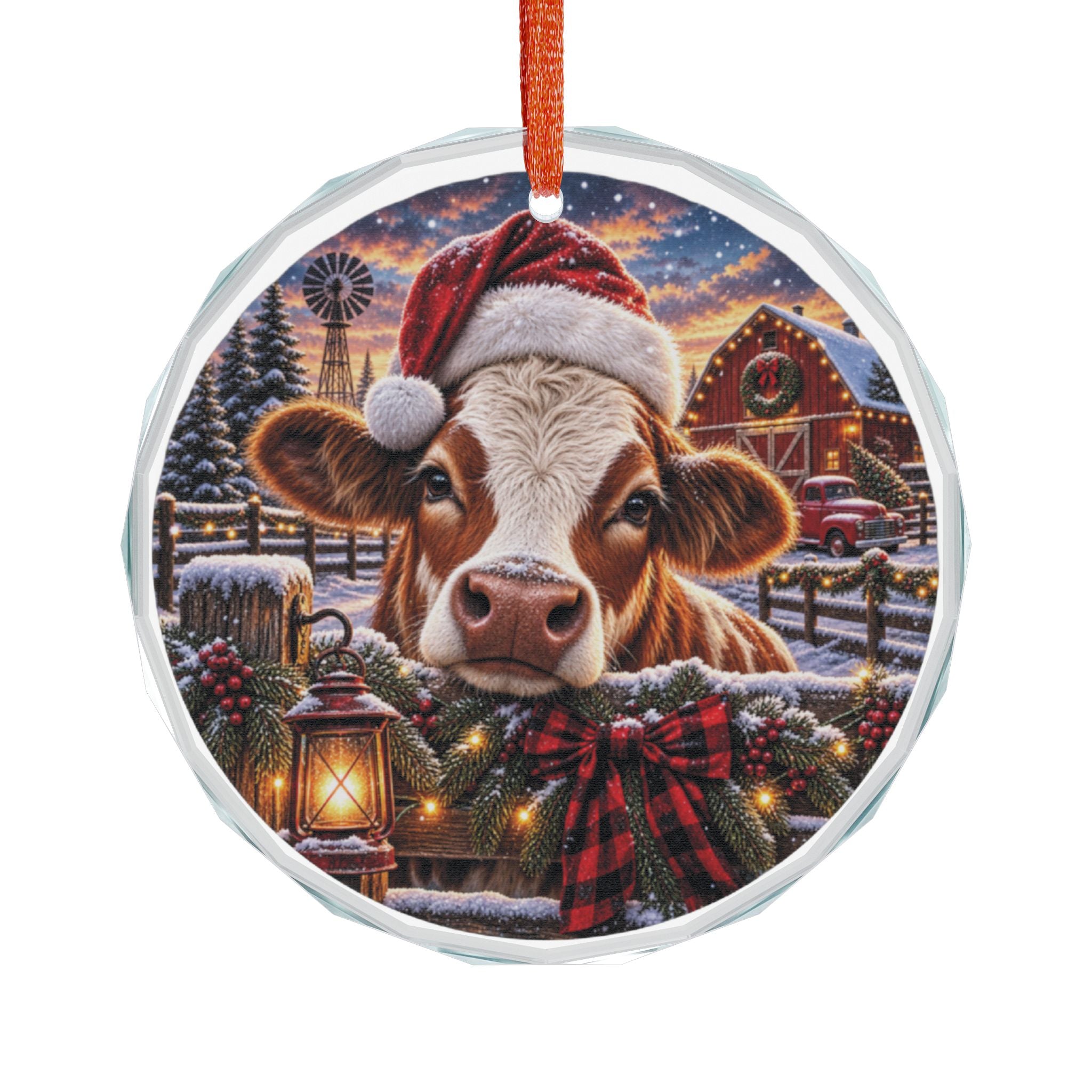 Farmhouse Cow Christmas Glass Ornament Festive Santa Hat Holiday Decor