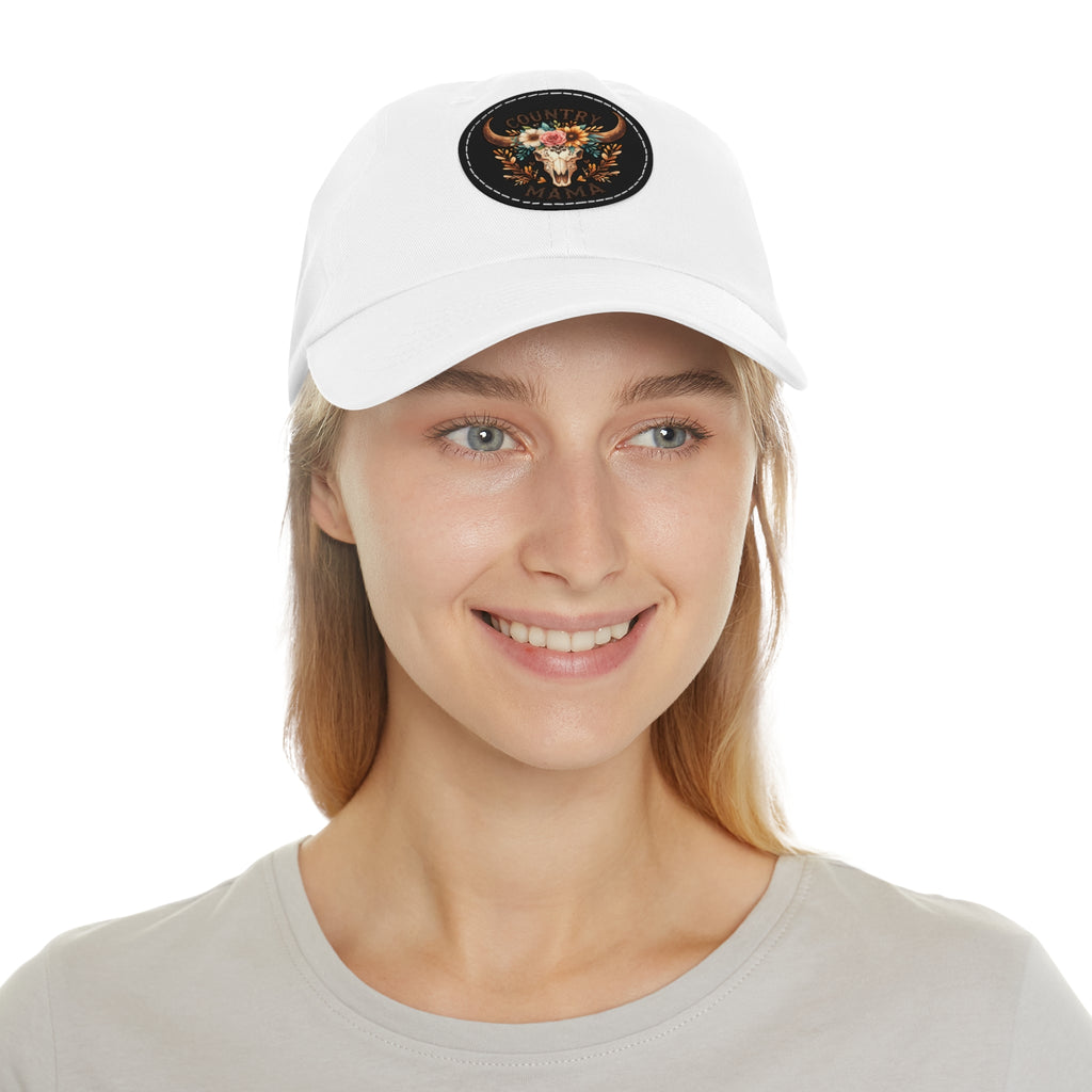 Country Mama Leather Patch Dad Hat — Floral Bull Skull Cap