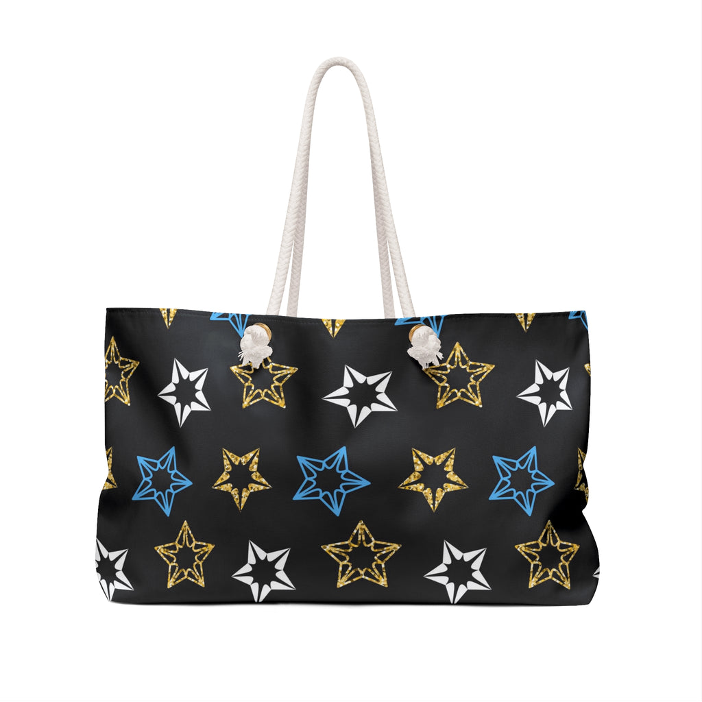 Star Pattern Weekender Bag   Black Gold & Blue Travel Tote
