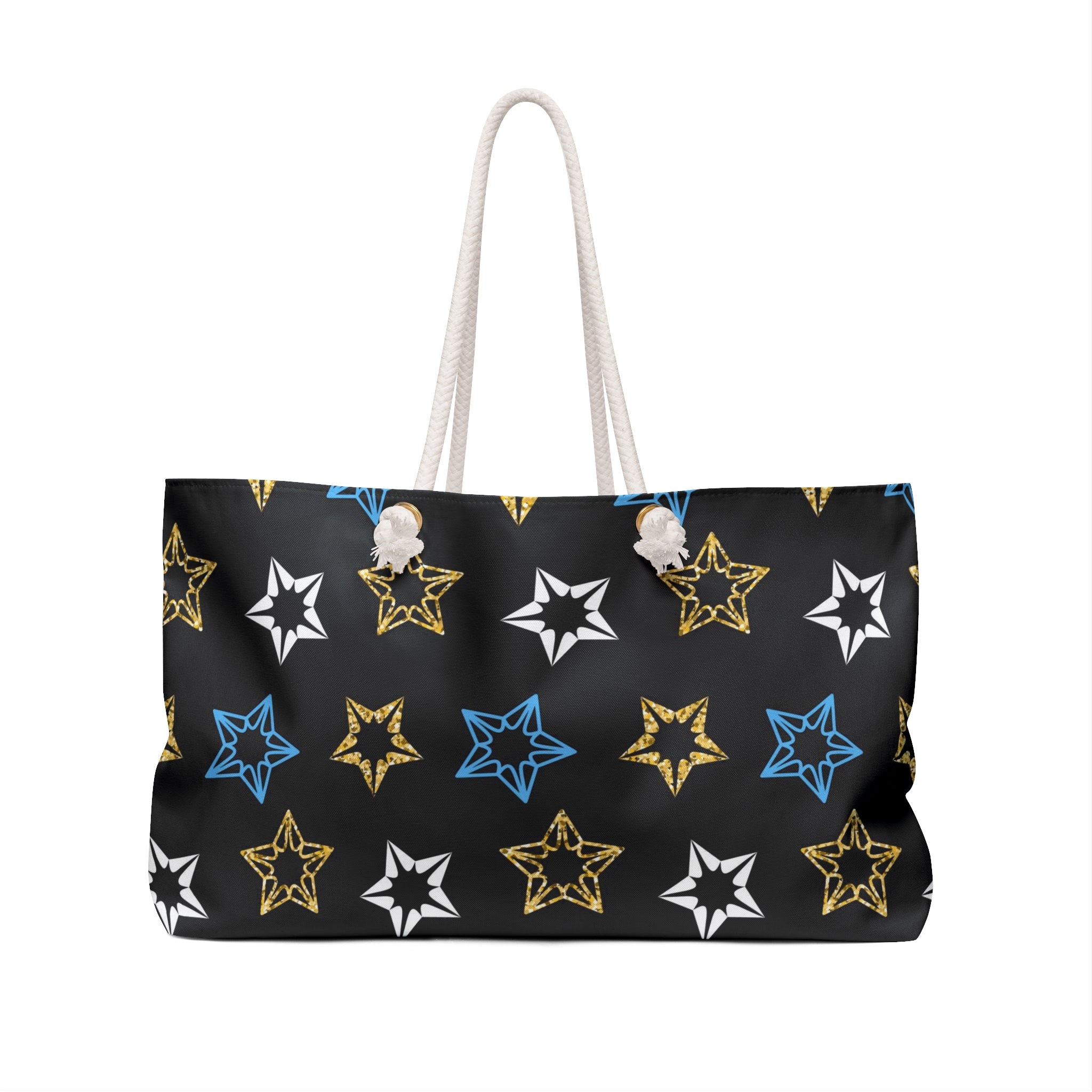 Star Pattern Weekender Bag — Black Gold & Blue Travel Tote