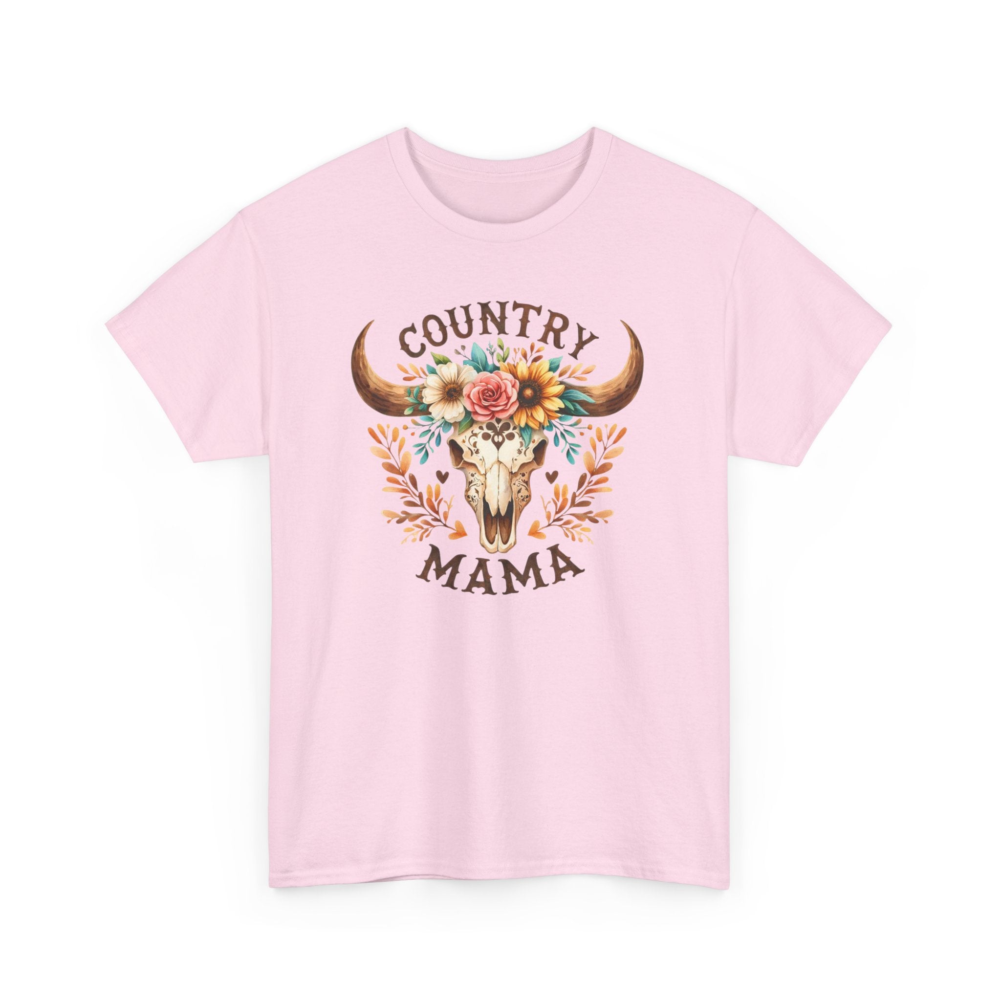 Country Mama T‑Shirt — Floral Steer Skull Design for Moms (Mother's Day, Farm Life)