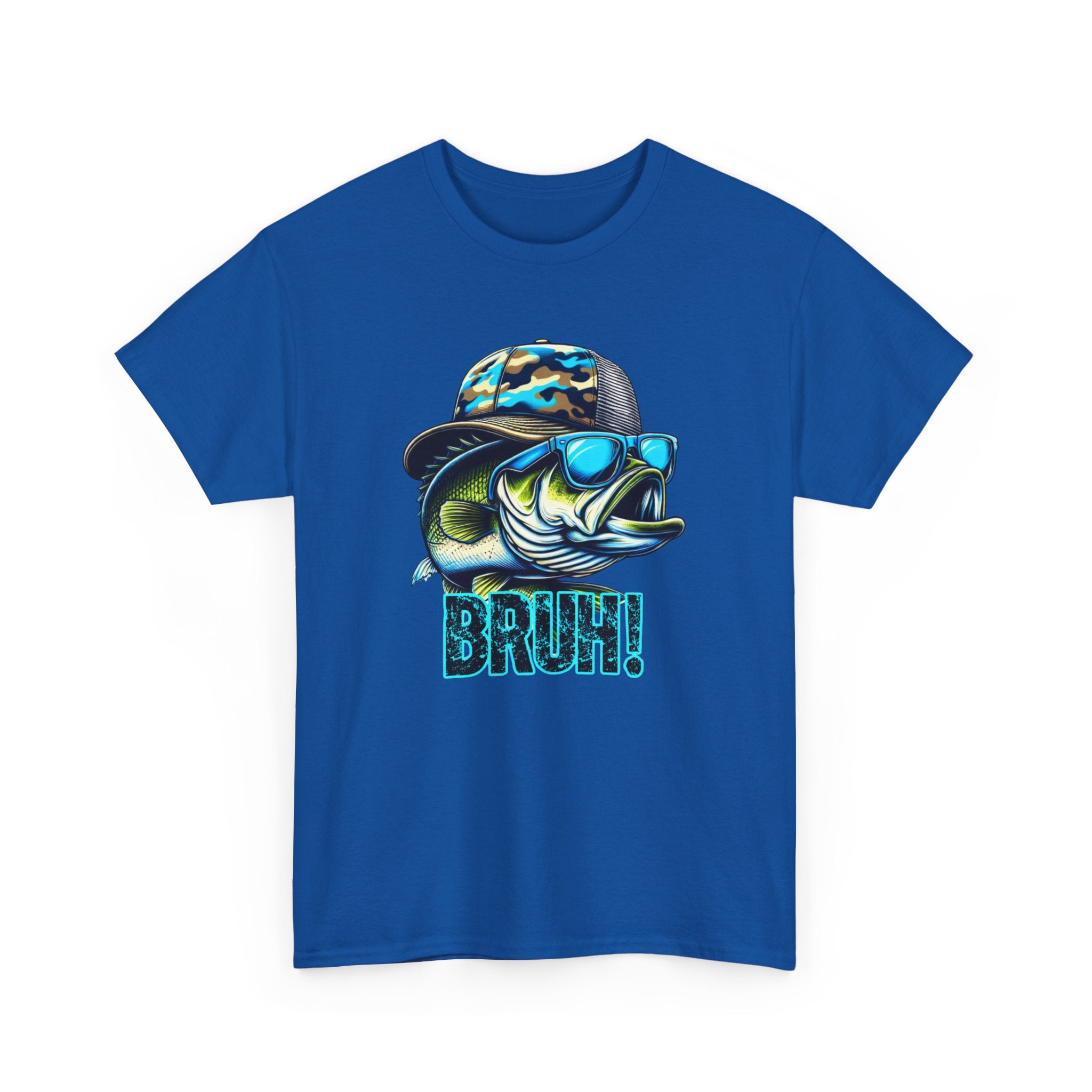 Fishing Fish Graphic Tee — 'BRUH!' Bass with Camo Hat & Sunglasses