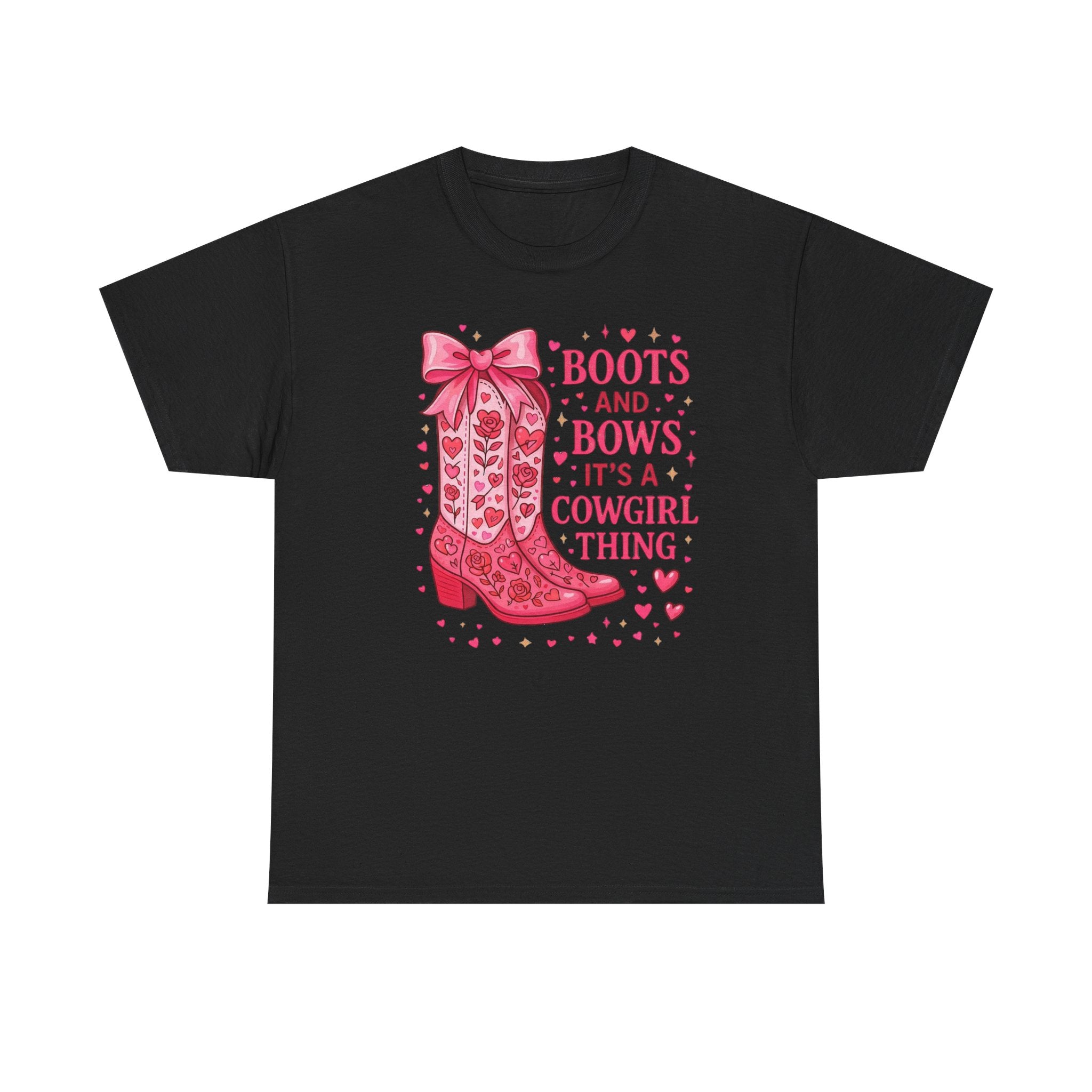 Cowgirl Boots and Bows T‑Shirt — "Boots and Bows, It's a Cowgirl Thing" Pink Western Tee  Trendy Farm