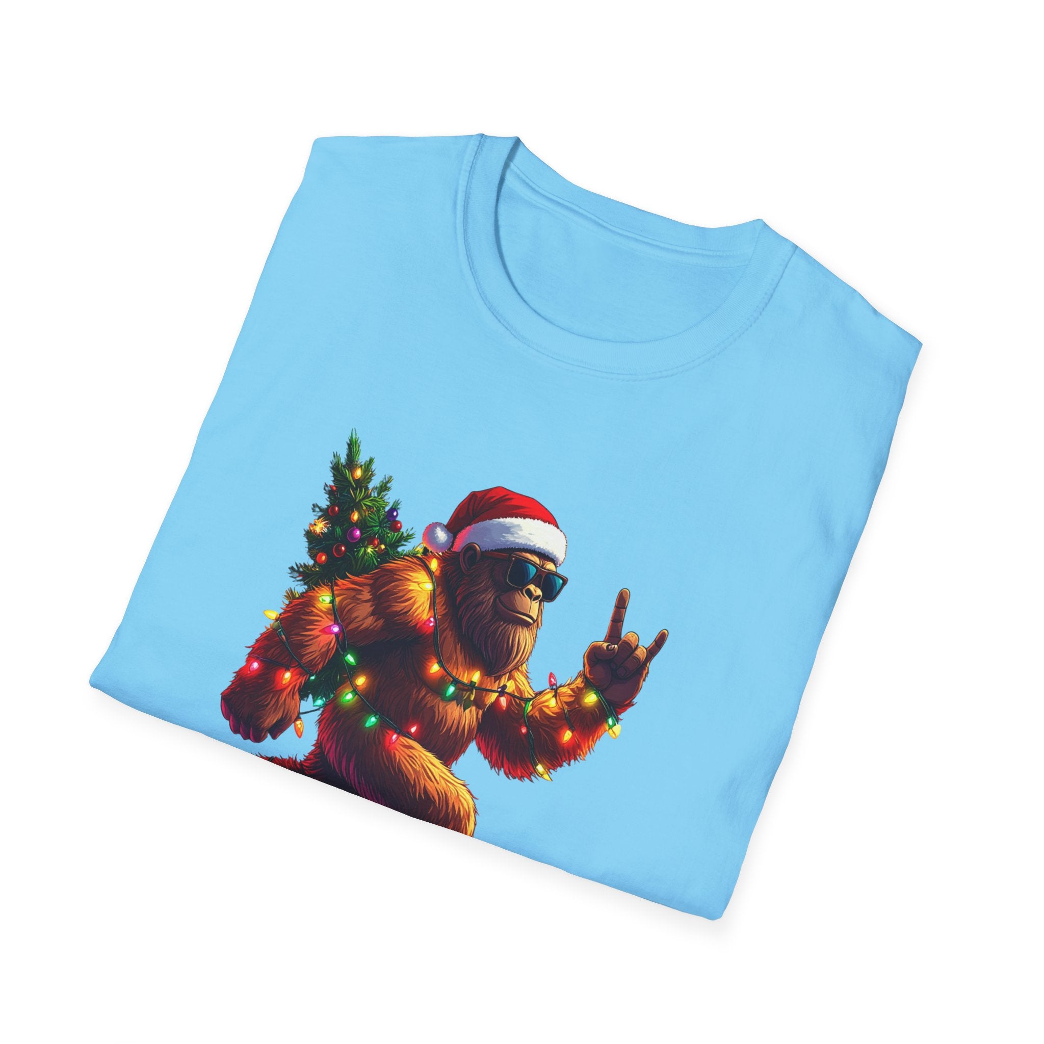 Christmas Sasquatch T-Shirt Festive Bigfoot with Santa Hat & Tree     Trendy TShirt