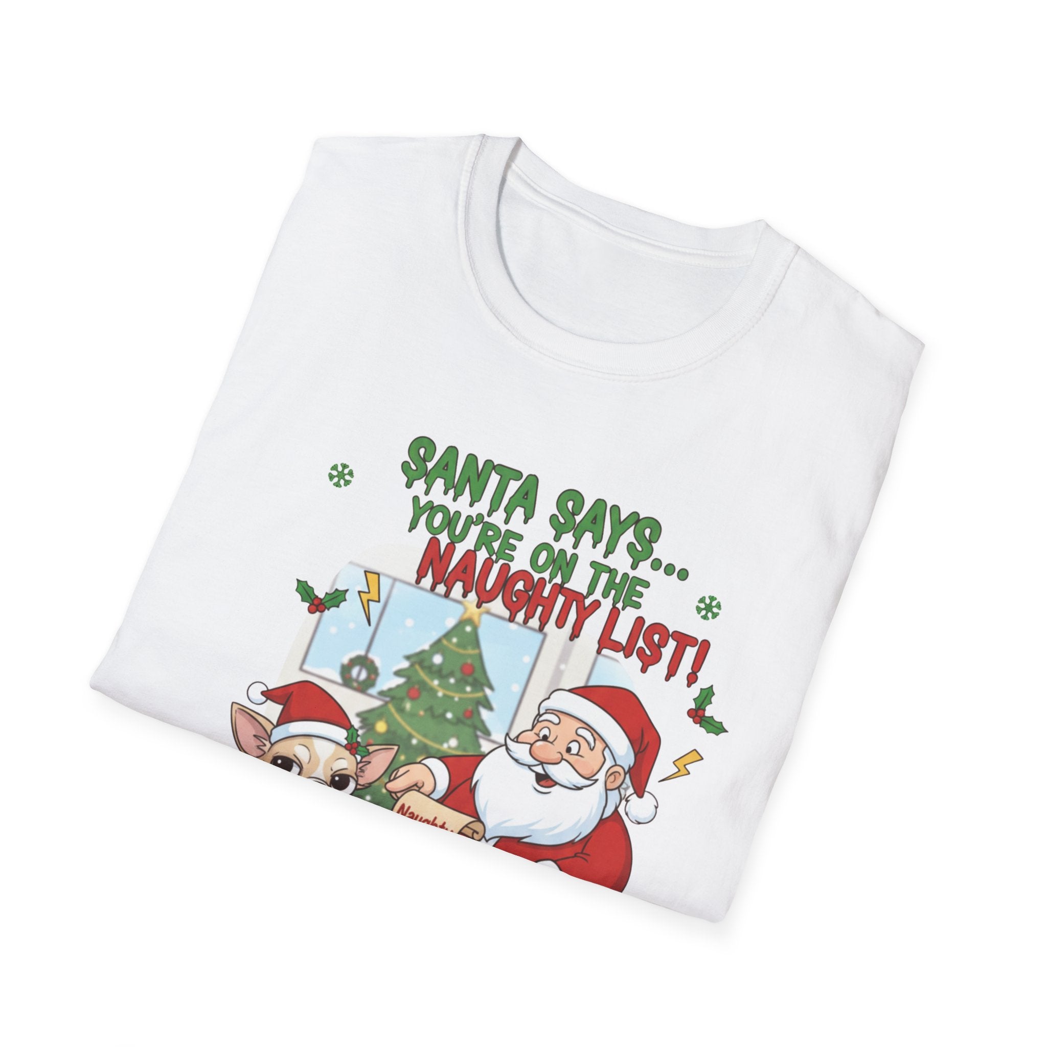 Naughty List Christmas T-Shirt — Santa with Dog Holiday Tee