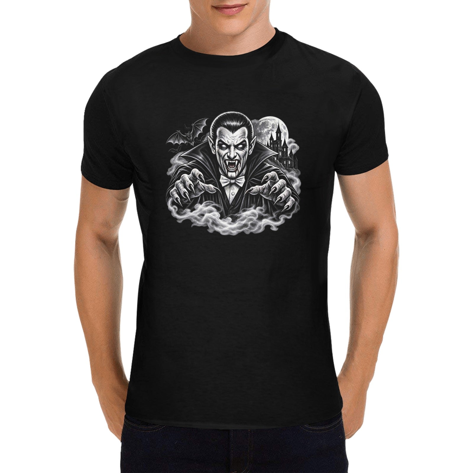 Vintage Vampire Unisex T-Shirt | Gothic Dracula Halloween Tee | Retro Horror Vampire Shirt | Spooky Castle & Bats Graphic Tee