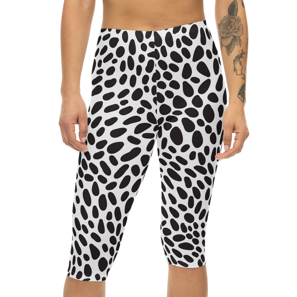 Dalmatian Spot Capri Leggings — Black & White Animal Print Capri Leggings