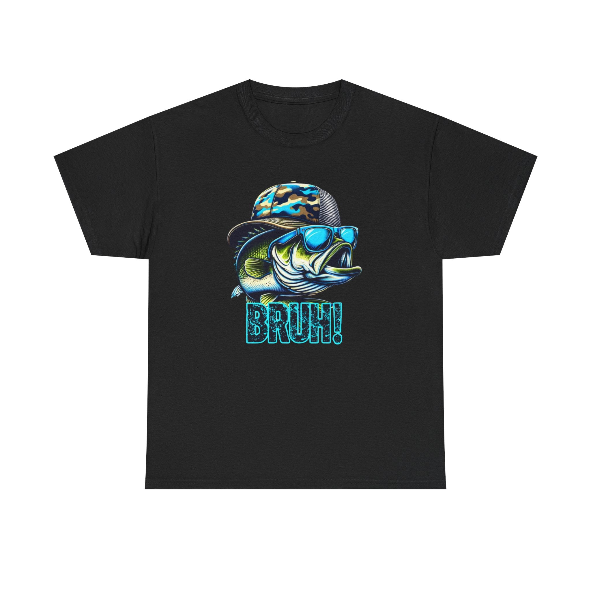 Fishing Fish Graphic Tee — 'BRUH!' Bass with Camo Hat & Sunglasses