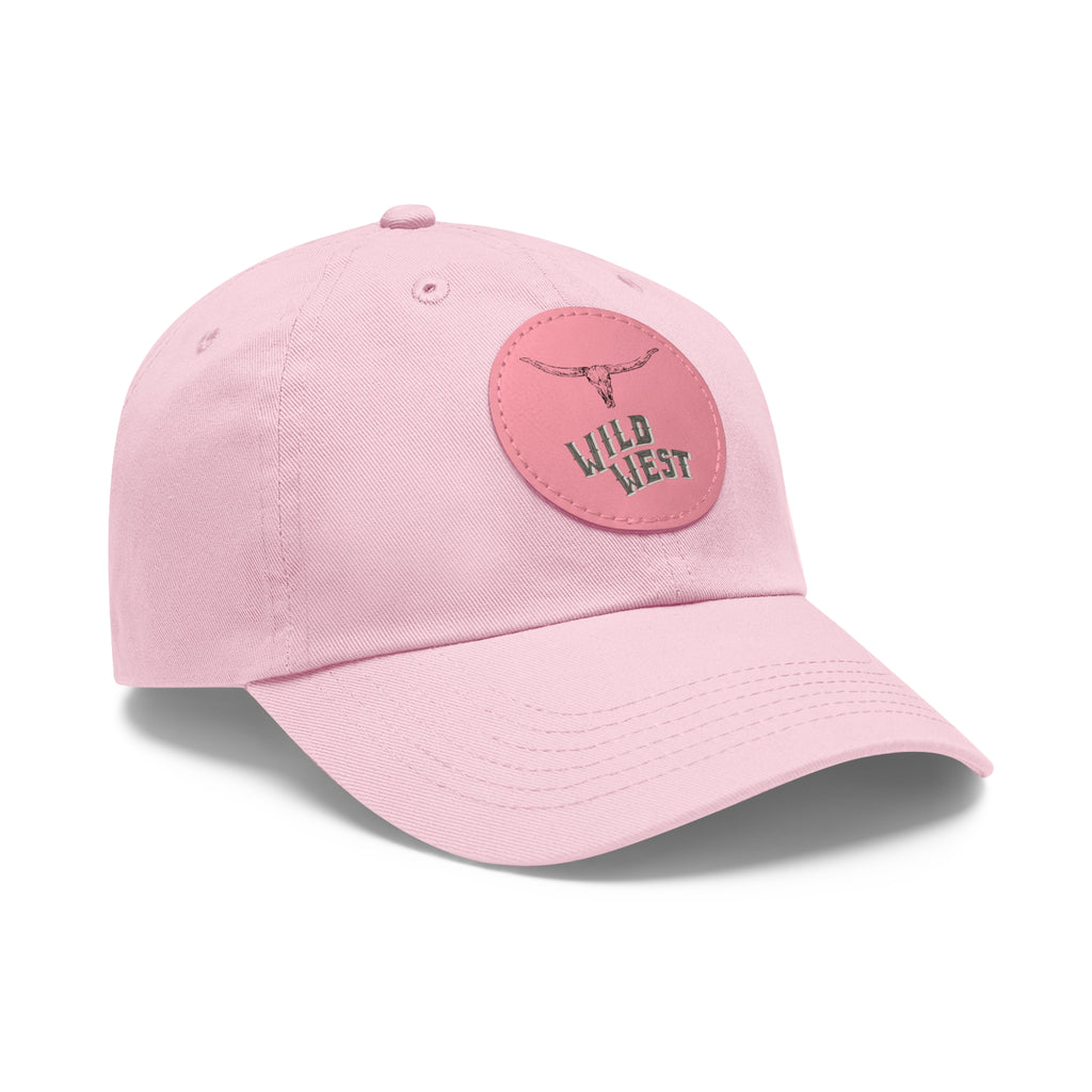 Wild West Leather Patch Dad Hat — Pink Round Patch Cowboy Cap