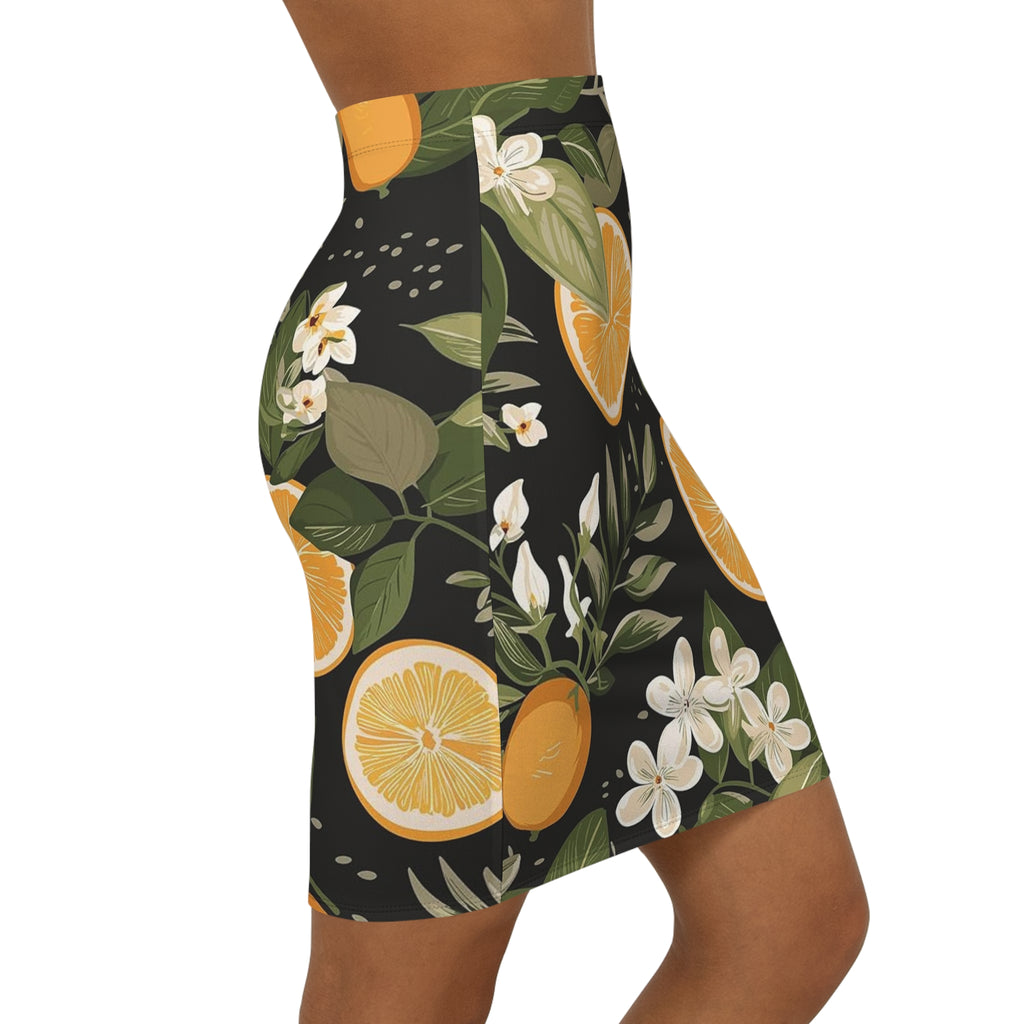 Citrus Blossom Pencil Skirt — Black Orange Floral Mid‑Waist Skirt