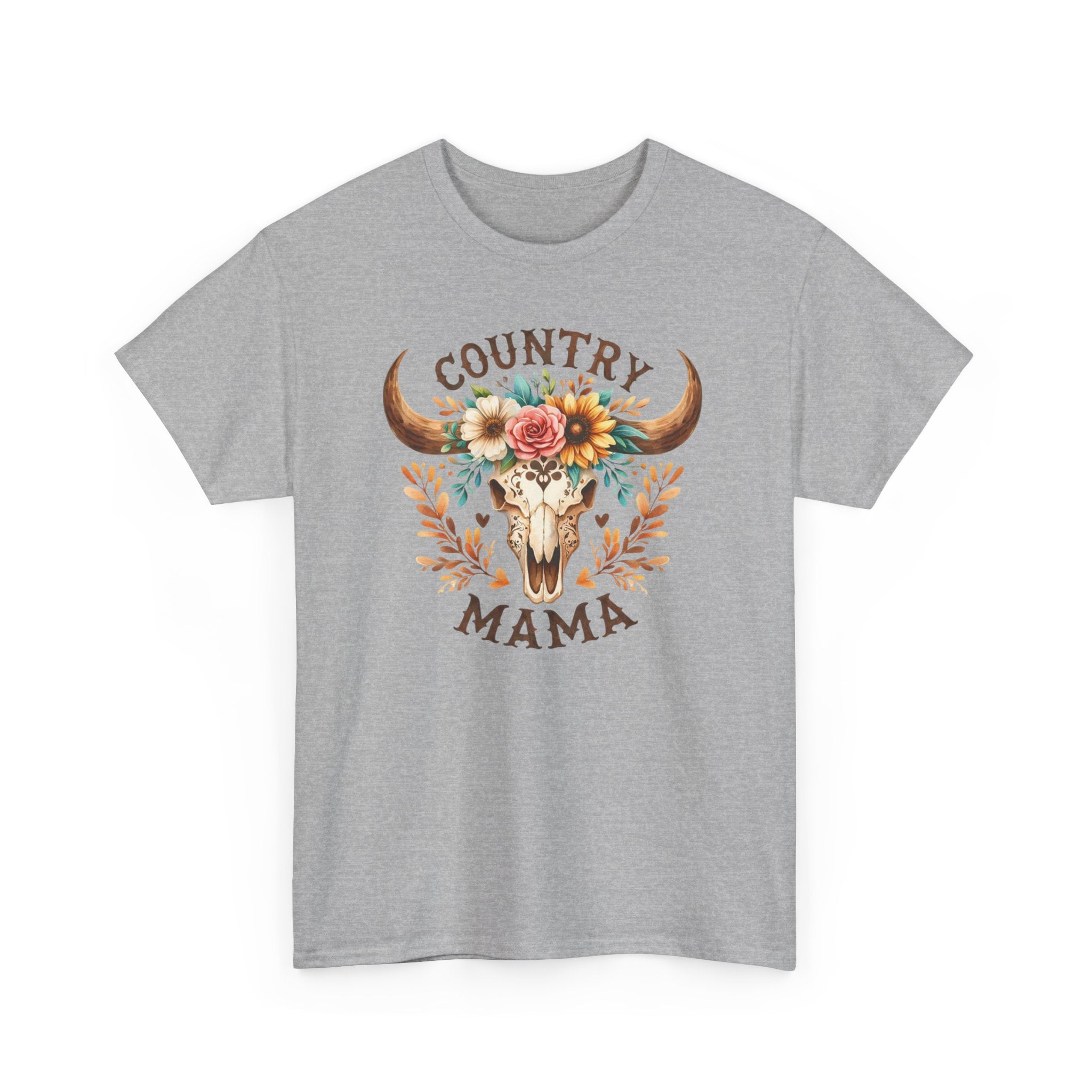 Country Mama T‑Shirt — Floral Steer Skull Design for Moms (Mother's Day, Farm Life)