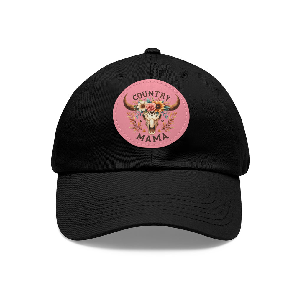 Country Mama Leather Patch Dad Hat — Floral Bull Skull Cap