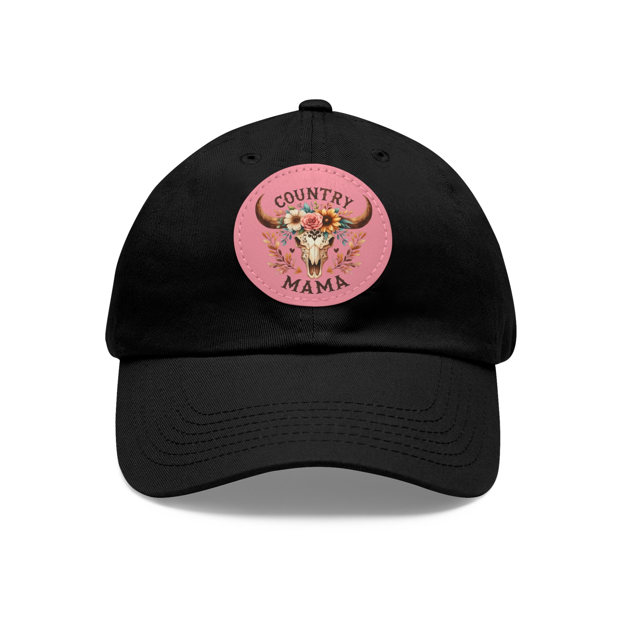 Country Mama Leather Patch Dad Hat — Floral Bull Skull Cap