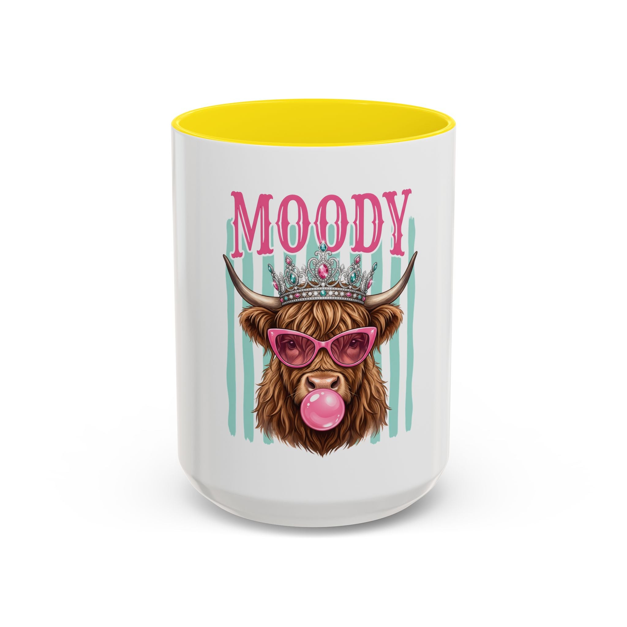 Moody Highland Cow Coffee Mug — Funny Crowned Cow with Bubblegum | Gift for Cow Lovers