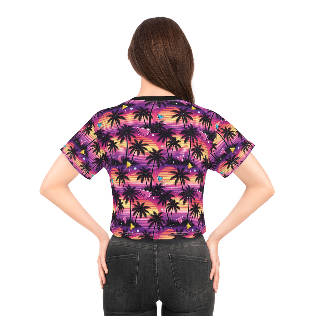 Tropical Sunset Palm Crop Tee — Retro Beach Palm Tree All-Over Print