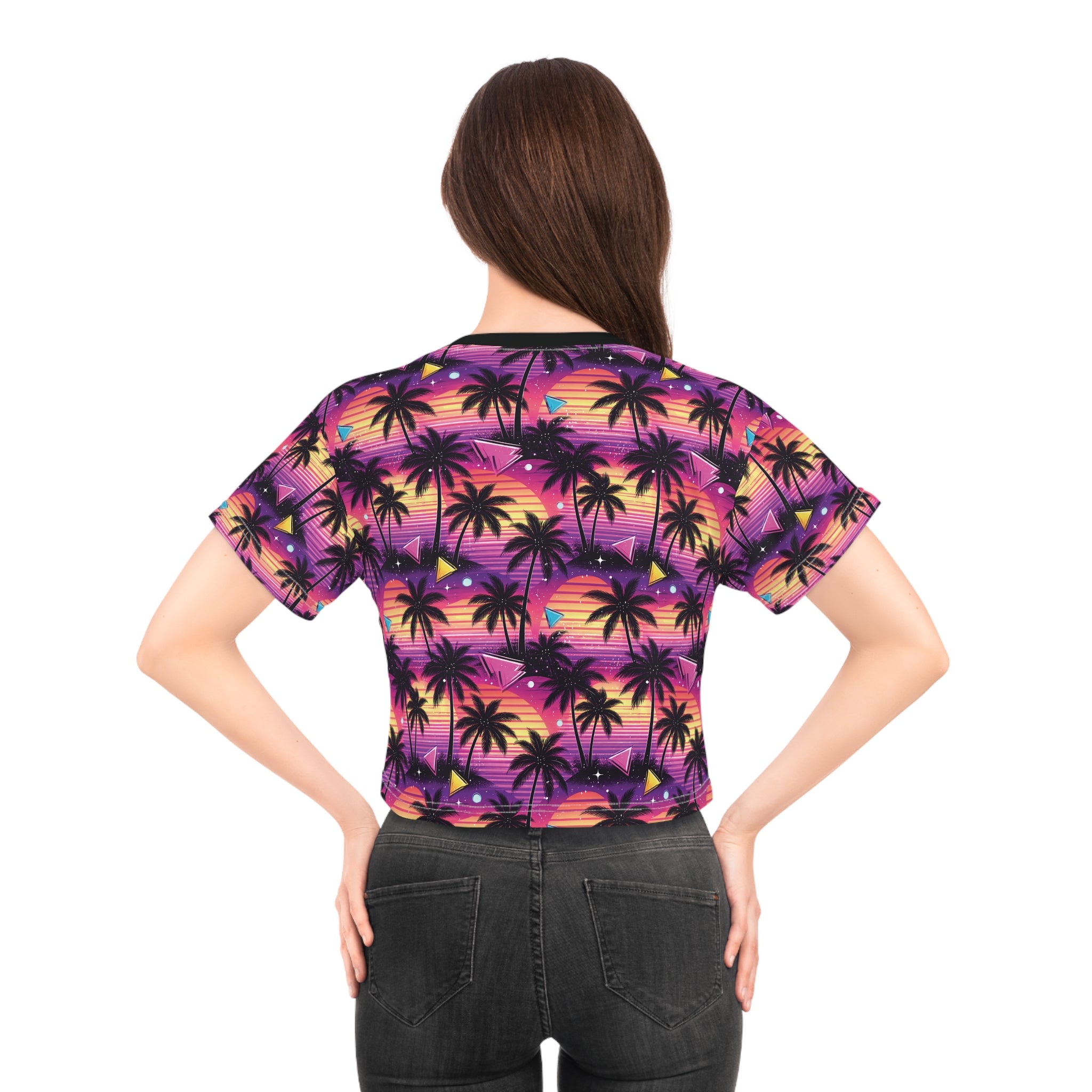Tropical Sunset Palm Crop Tee — Retro Beach Palm Tree All-Over Print