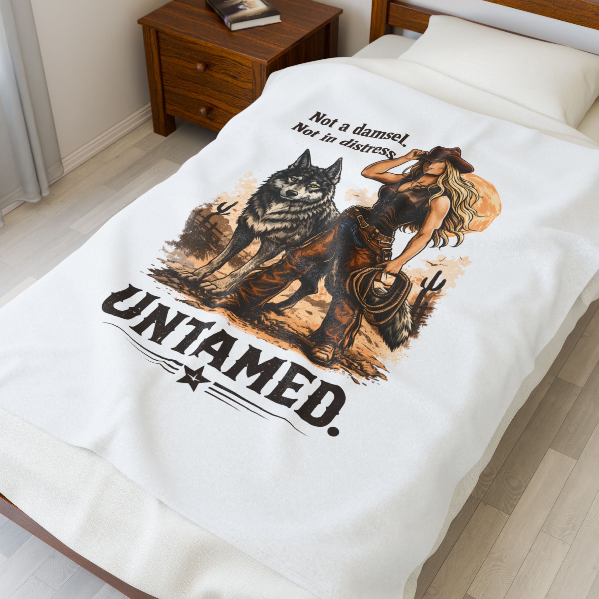 Velveteen Blanket — "Untamed" Cowgirl with Wolf Plush Throw (Not a Damsel, Not in Distress)