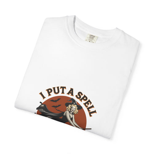 "I Put a Spell on You" Vintage Pin-Up Witch Halloween T-Shirt — Retro Broomstick Red Moon Bats Spooky Tee | Wolf Hill Designs