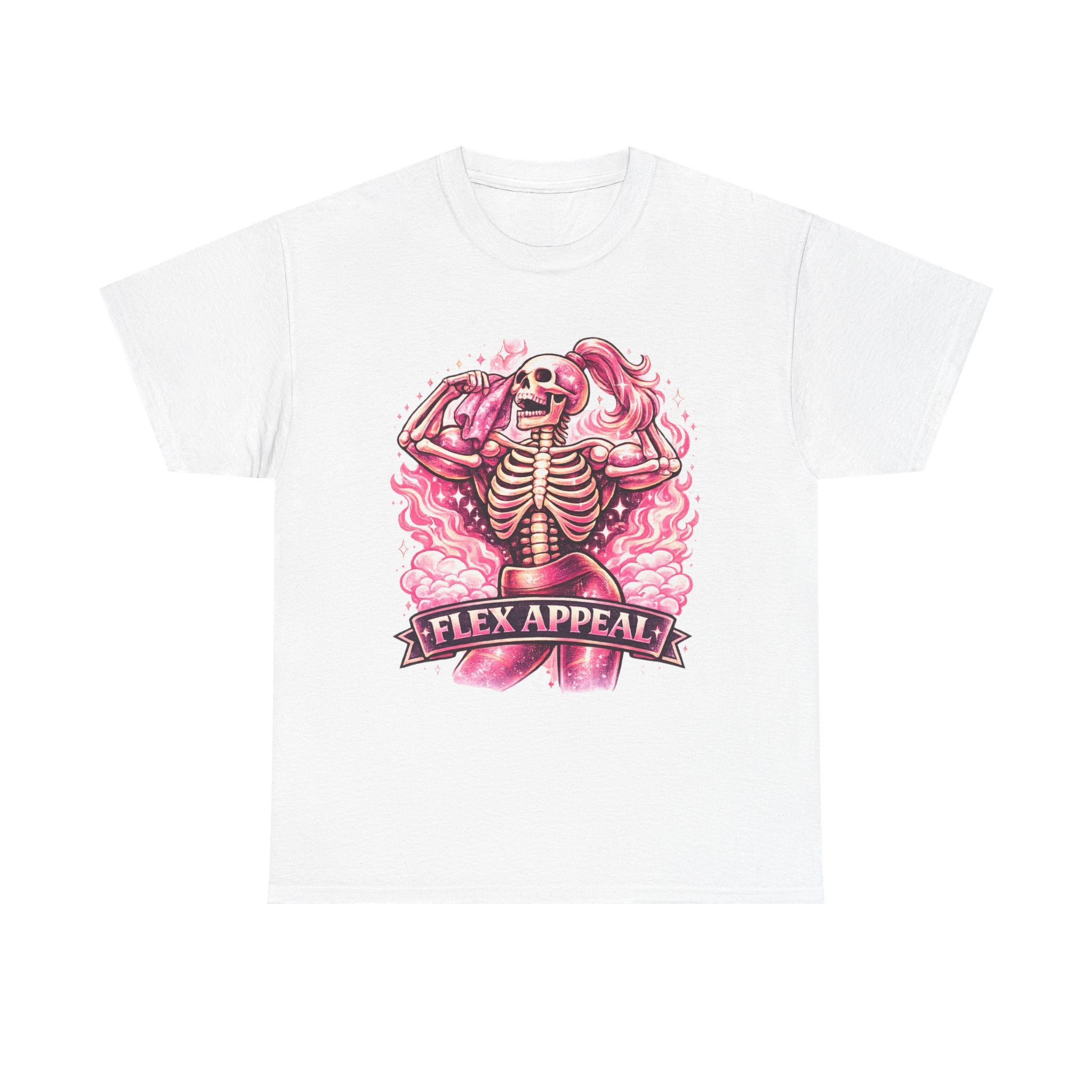 Flex Appeal Skeleton Tee — Pink Retro Gym Humor T‑Shirt