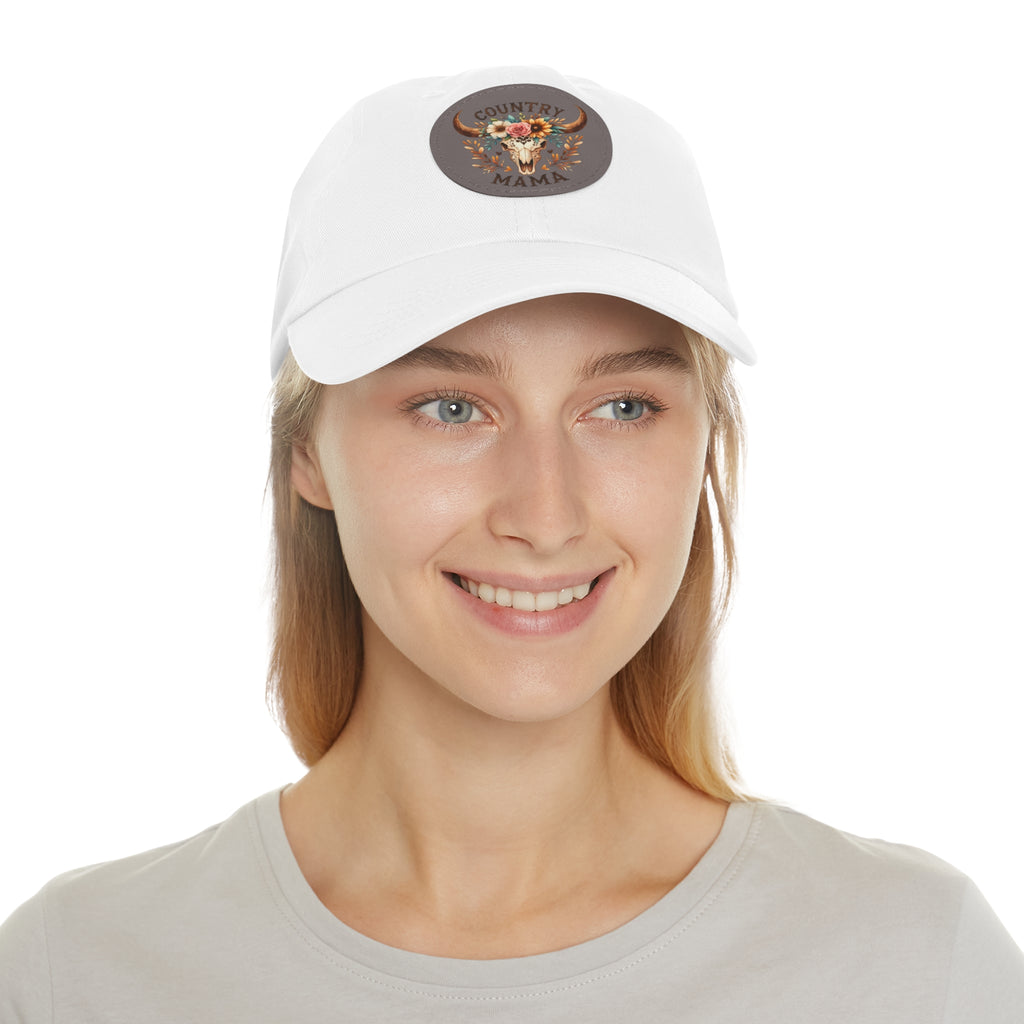 Country Mama Leather Patch Dad Hat — Floral Bull Skull Cap