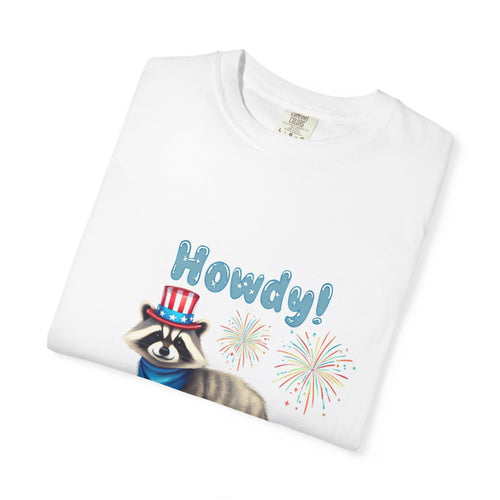 "Howdy!" Patriotic Raccoon Uncle Sam Hat Fireworks T-Shirt — Funny 4th of July American Raccoon Summer Tee | Wolf Hill Designs