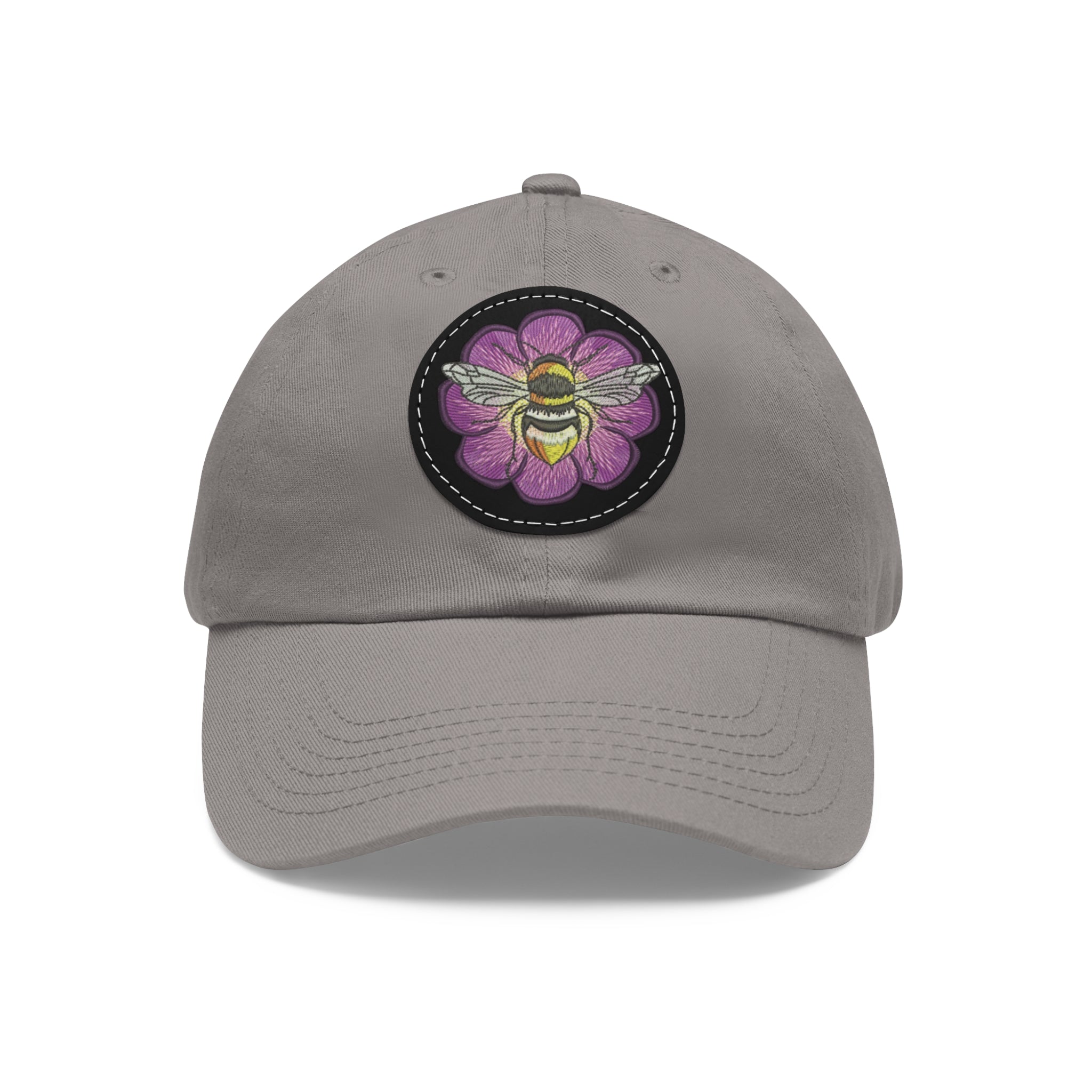 Bee on Purple Flower Leather Patch Dad Hat — Embroidered Nature Cap