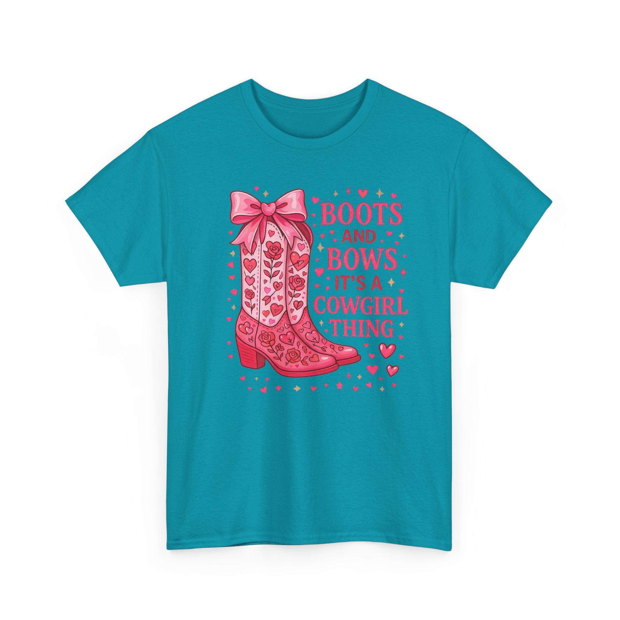 Cowgirl Boots and Bows T‑Shirt — "Boots and Bows, It's a Cowgirl Thing" Pink Western Tee  Trendy Farm