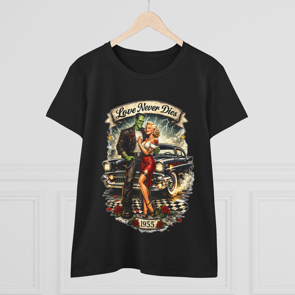 1955 Pinup Car Tee – "Love Never Dies" Vintage Rockabilly T-Shirt  LADIES