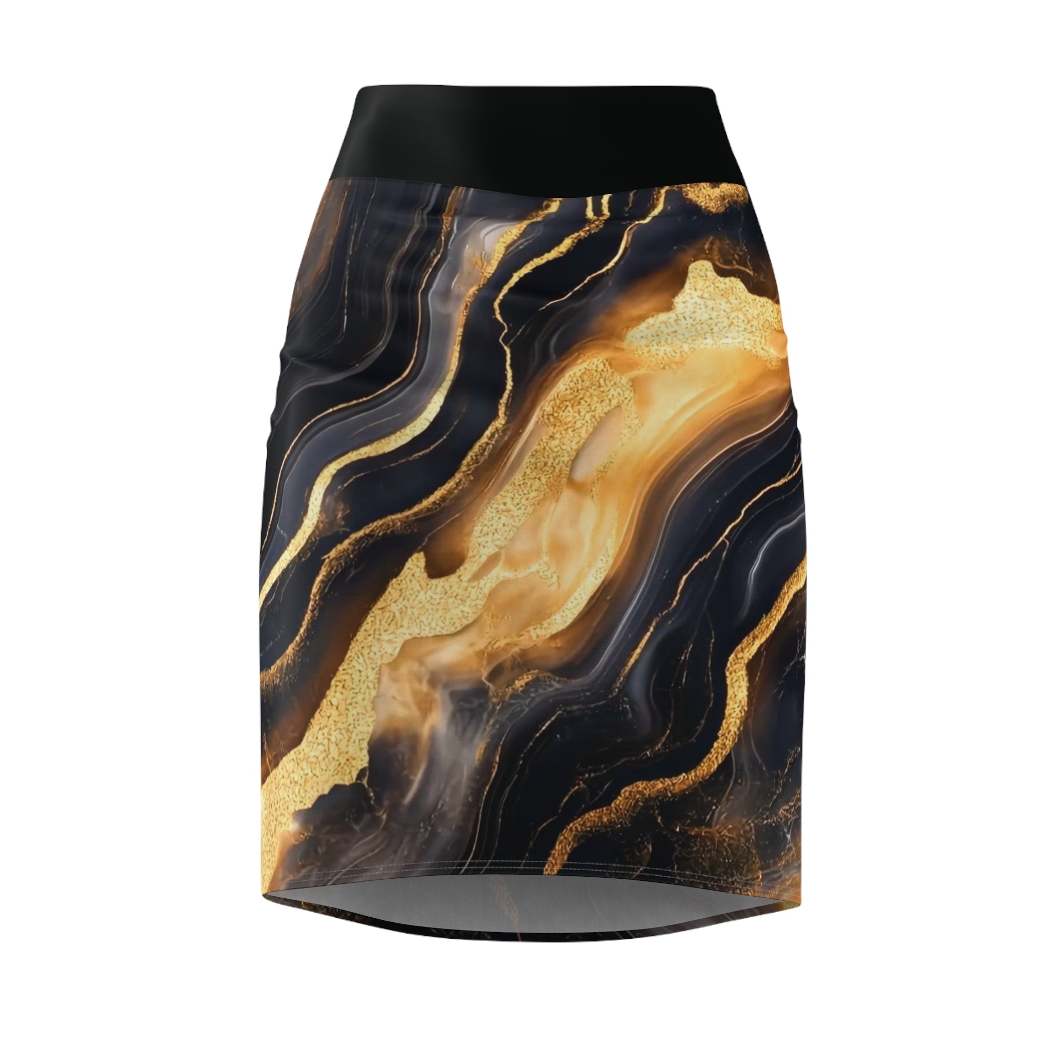 Gold Marble Pencil Skirt — Luxe Black & Gold Abstract Print